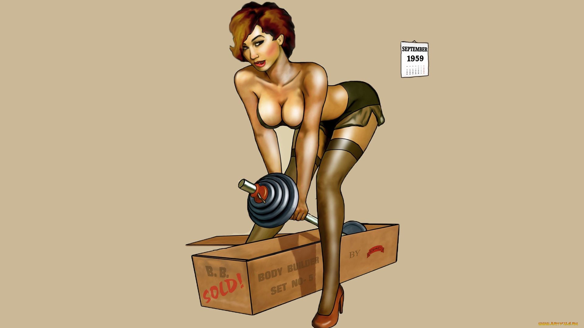 рисованное, комиксы, штанга, календарь, взгляд, фон, девушка