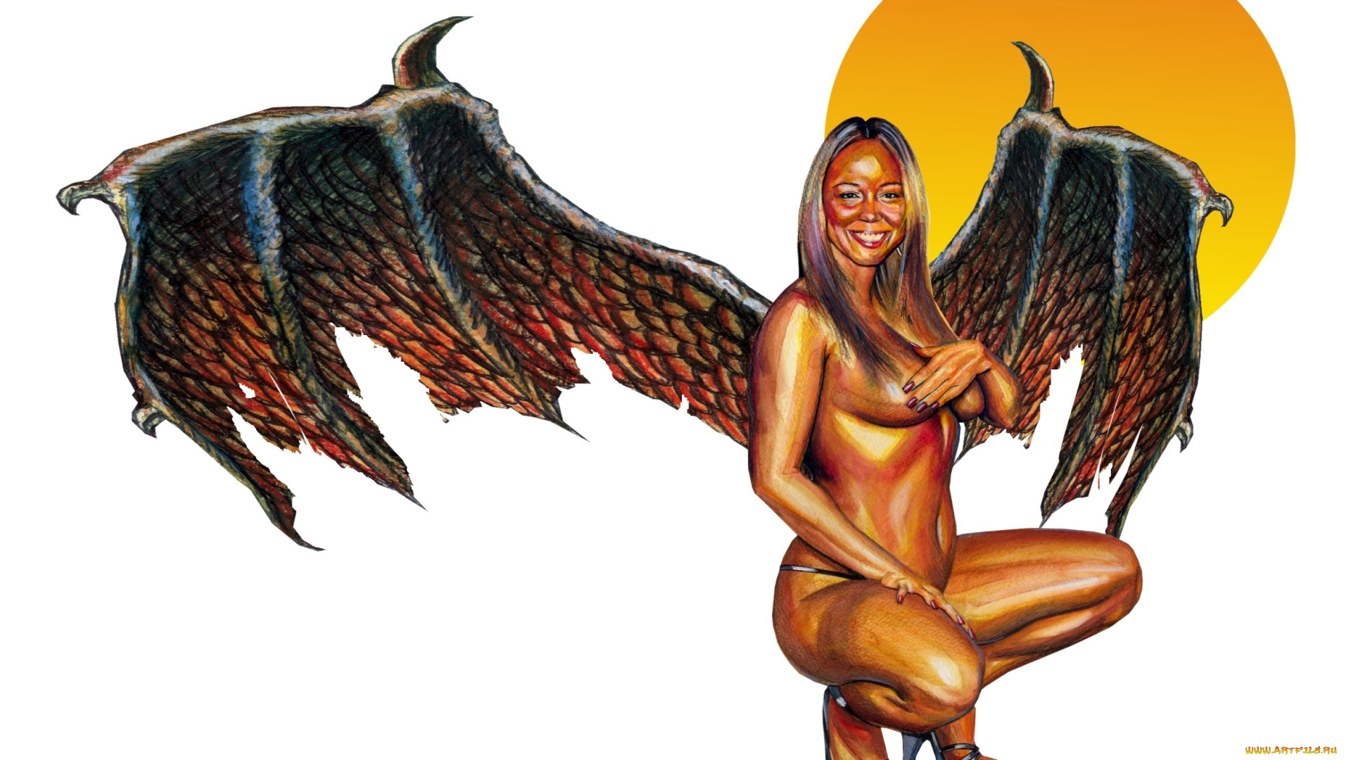 рисованное, комиксы, улыбка, взгляд, фон, девушка, крылья