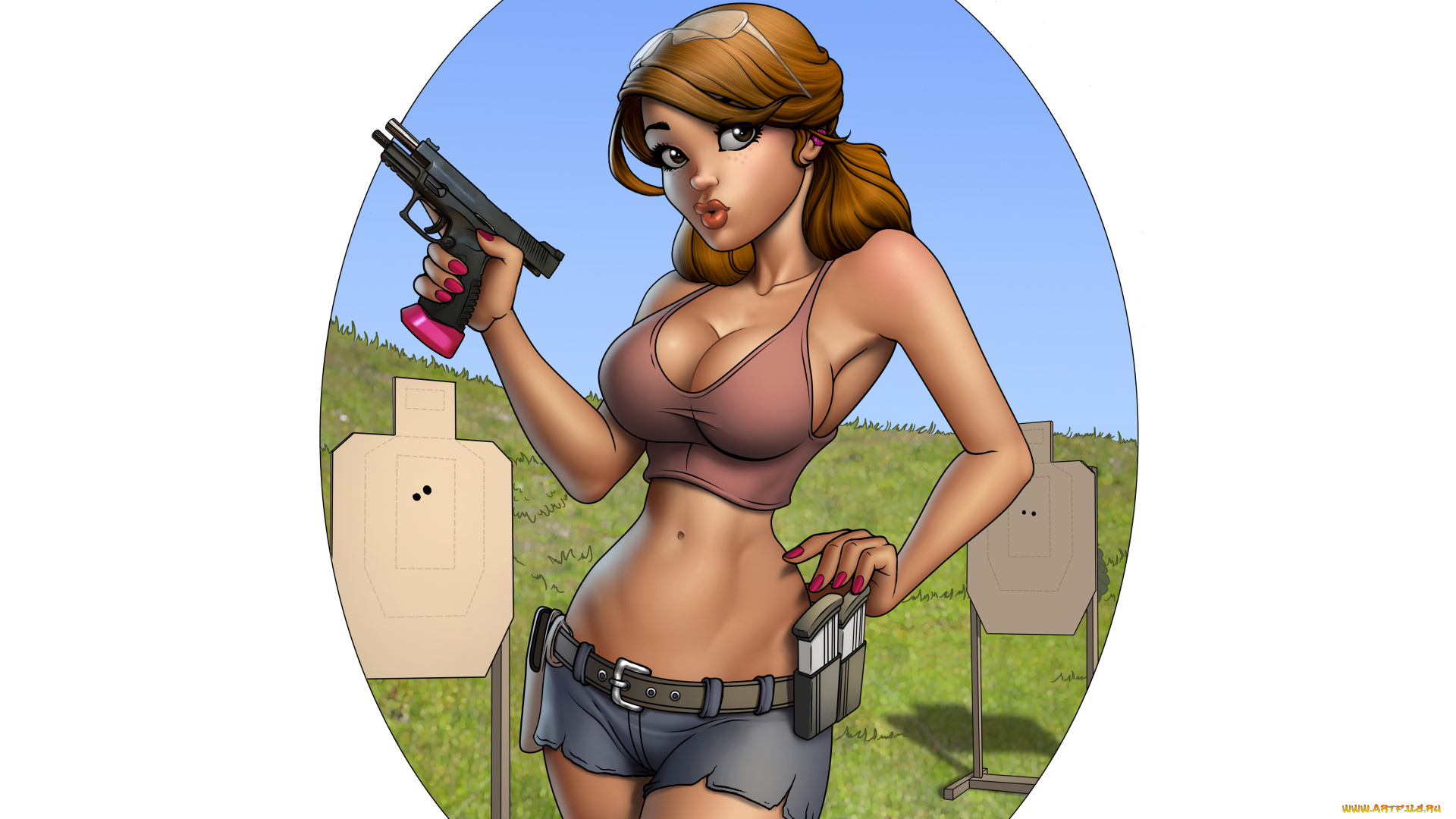 рисованное, люди, мишень, пистолет, девушка, фон, взгляд