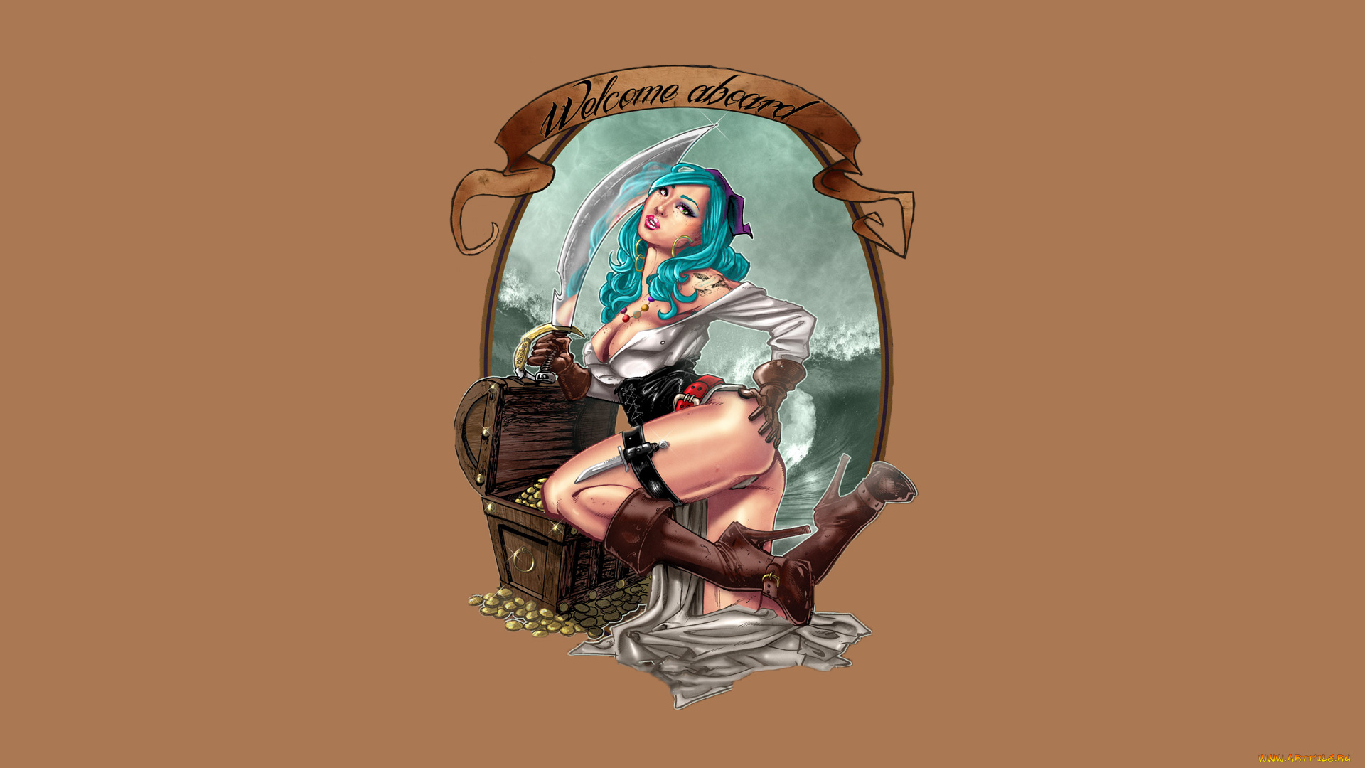 рисованное, люди, сабля, взгляд, фон, девушка, золото, сундук