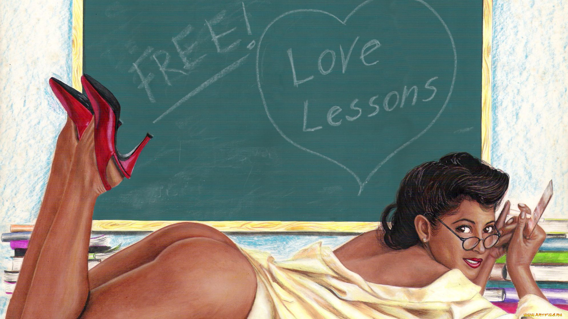 рисованное, люди, улыбка, девушка, доска, туфли, очки, взгляд, фон