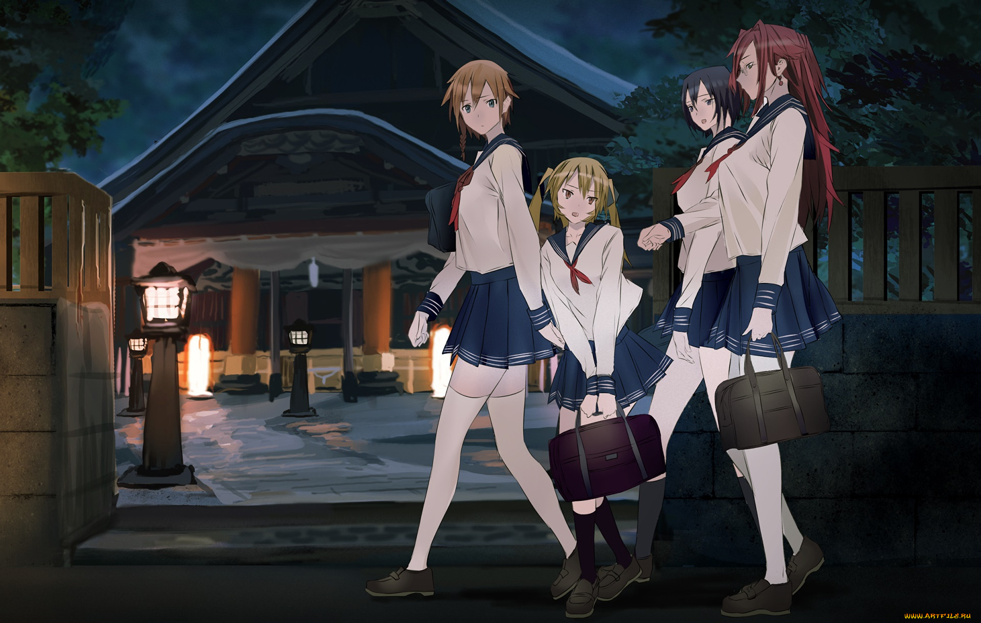 аниме, город, , улицы, , здания, девушки, взгляд, фон