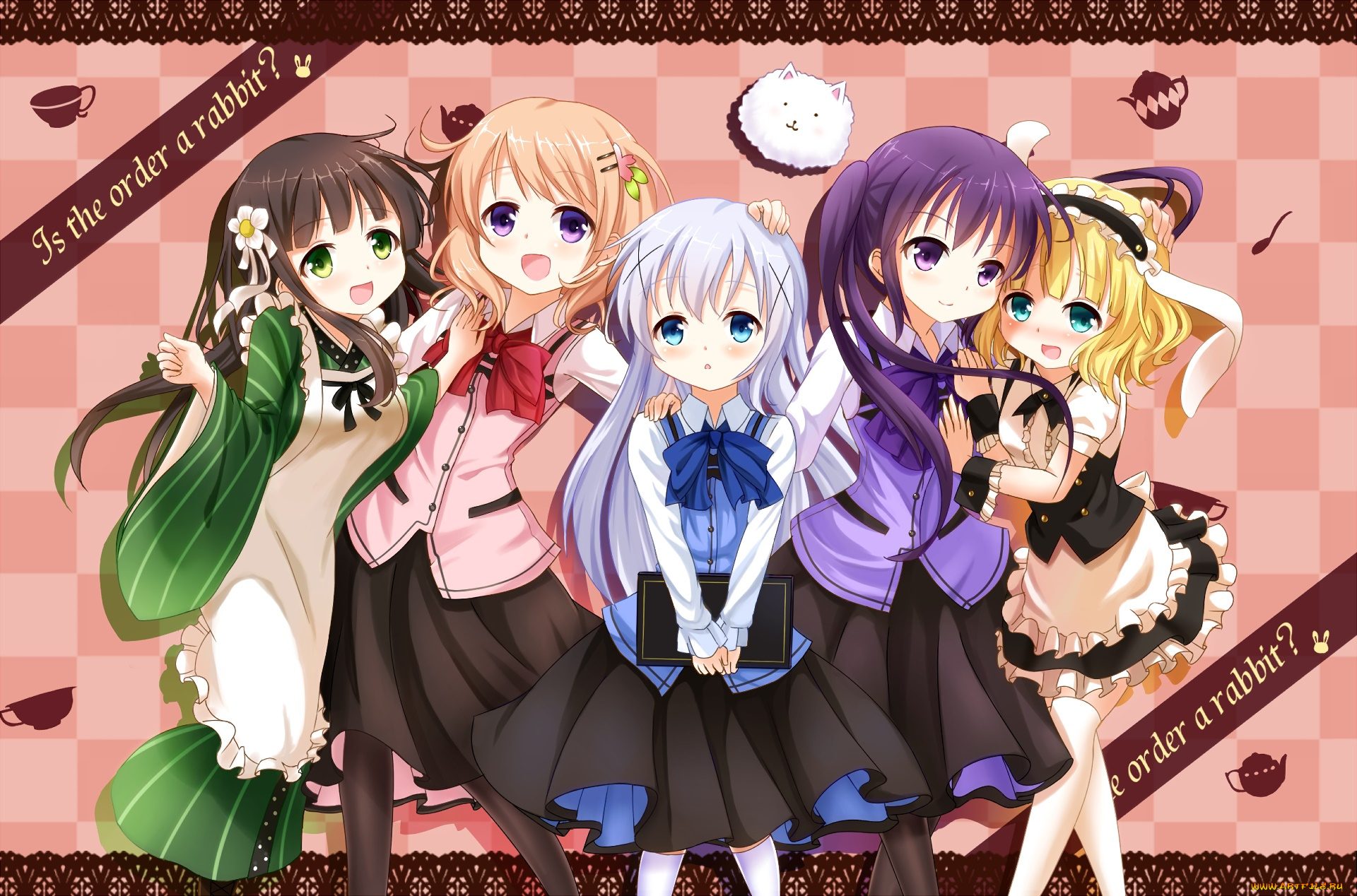 аниме, gochuumon, wa, usagi, desu, ka, девушки, фон, взгляд