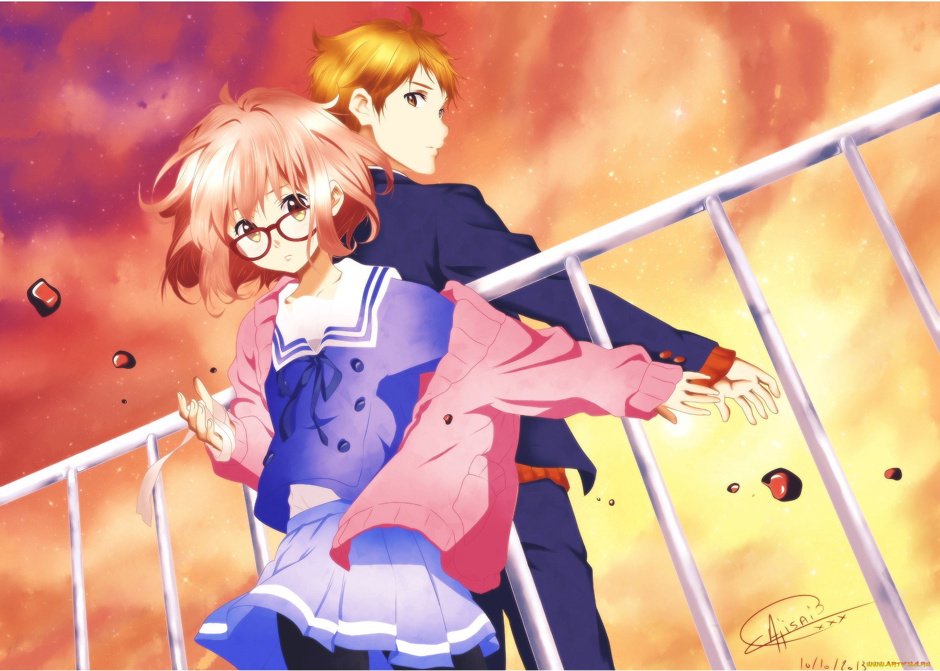 аниме, kyoukai, no, kanata, взгляд, девушка, парень, фон