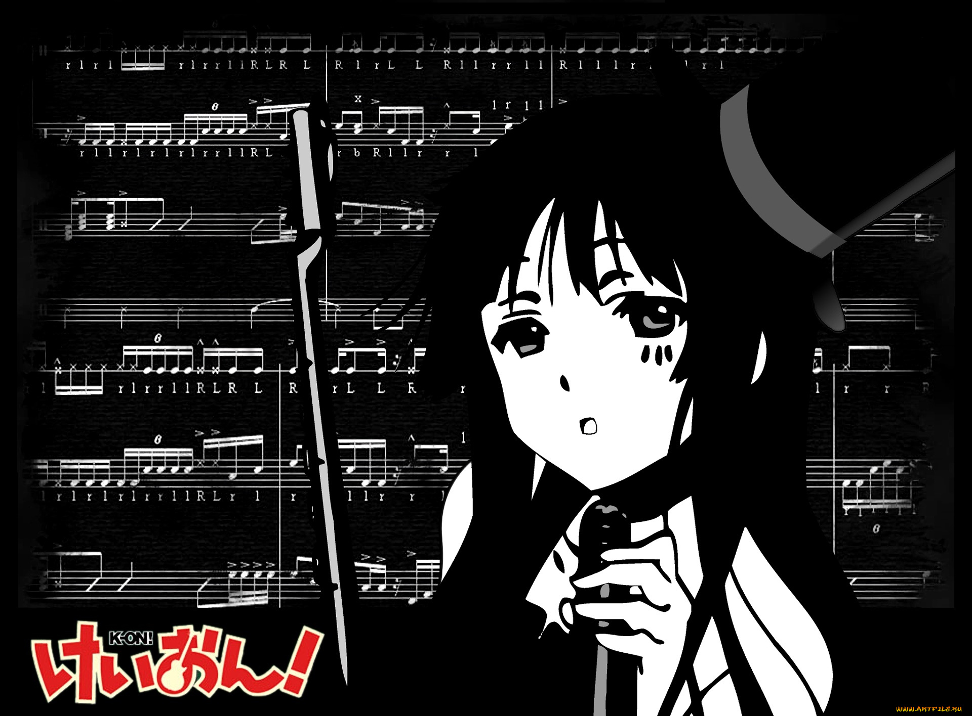 аниме, k-on, девушка, взгляд, фон