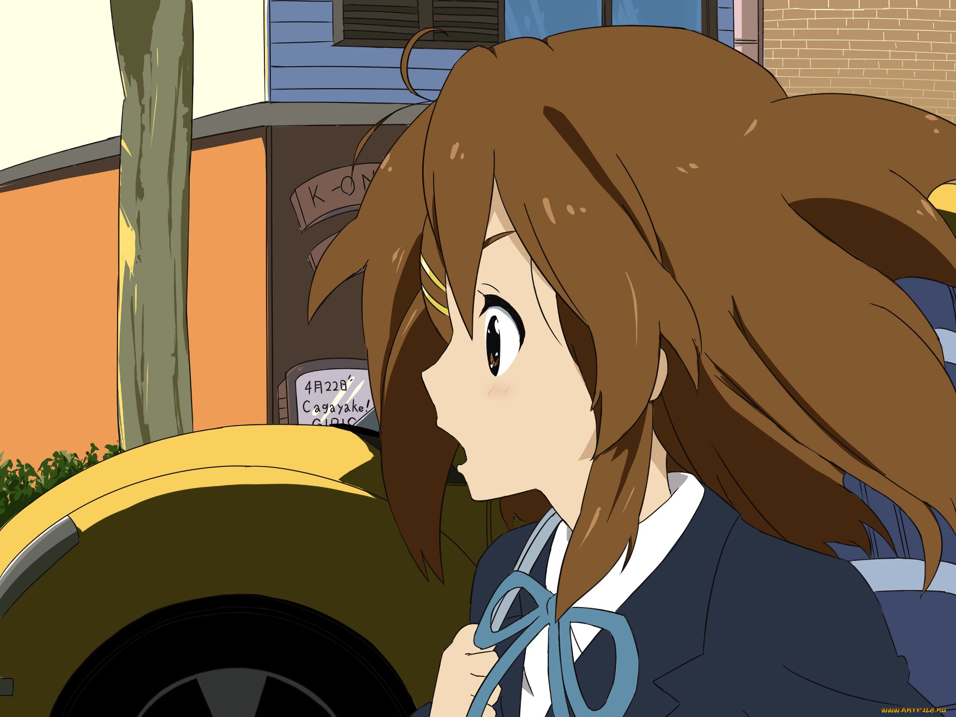 аниме, k-on, девушка, взгляд, фон