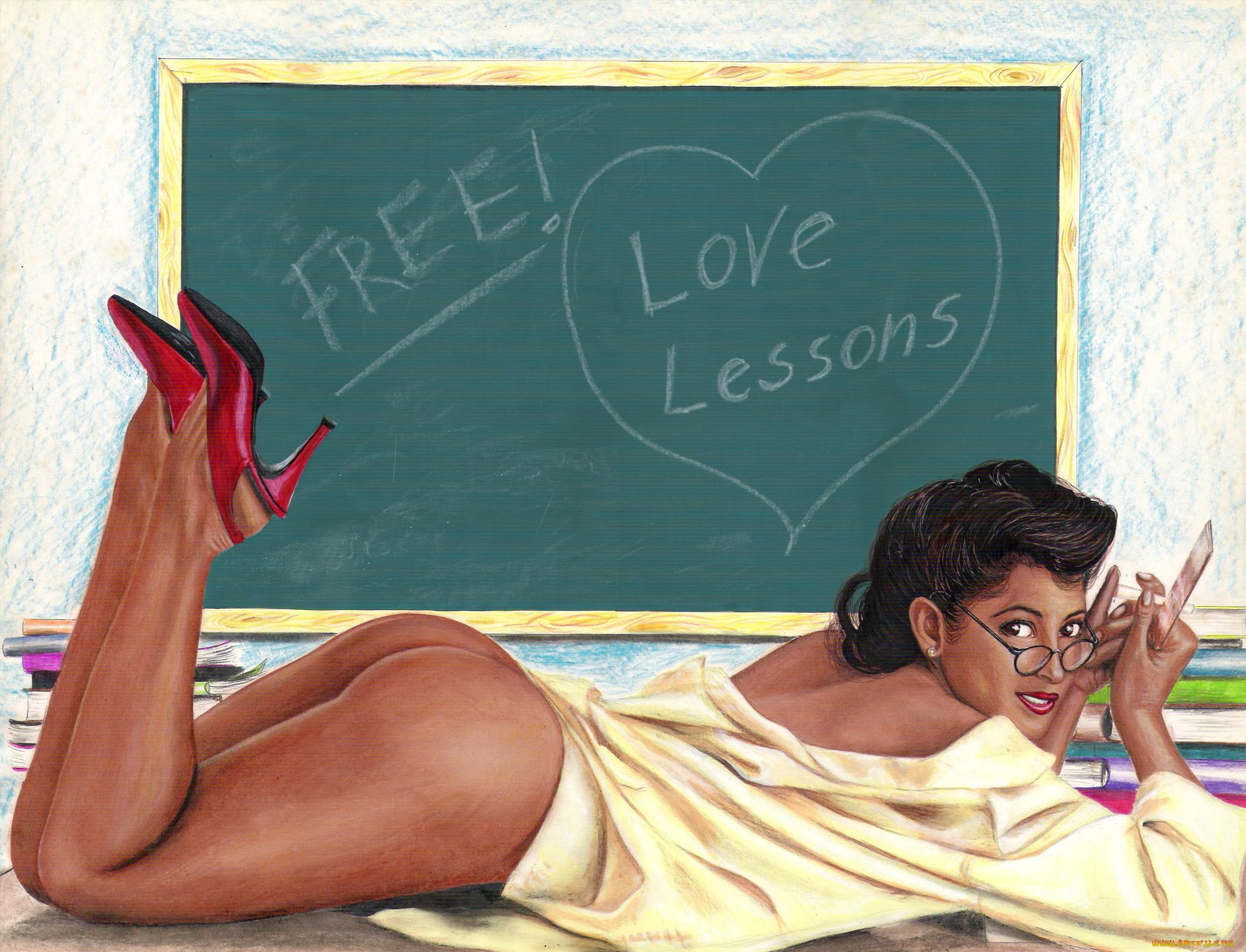 рисованное, люди, улыбка, девушка, доска, туфли, очки, взгляд, фон