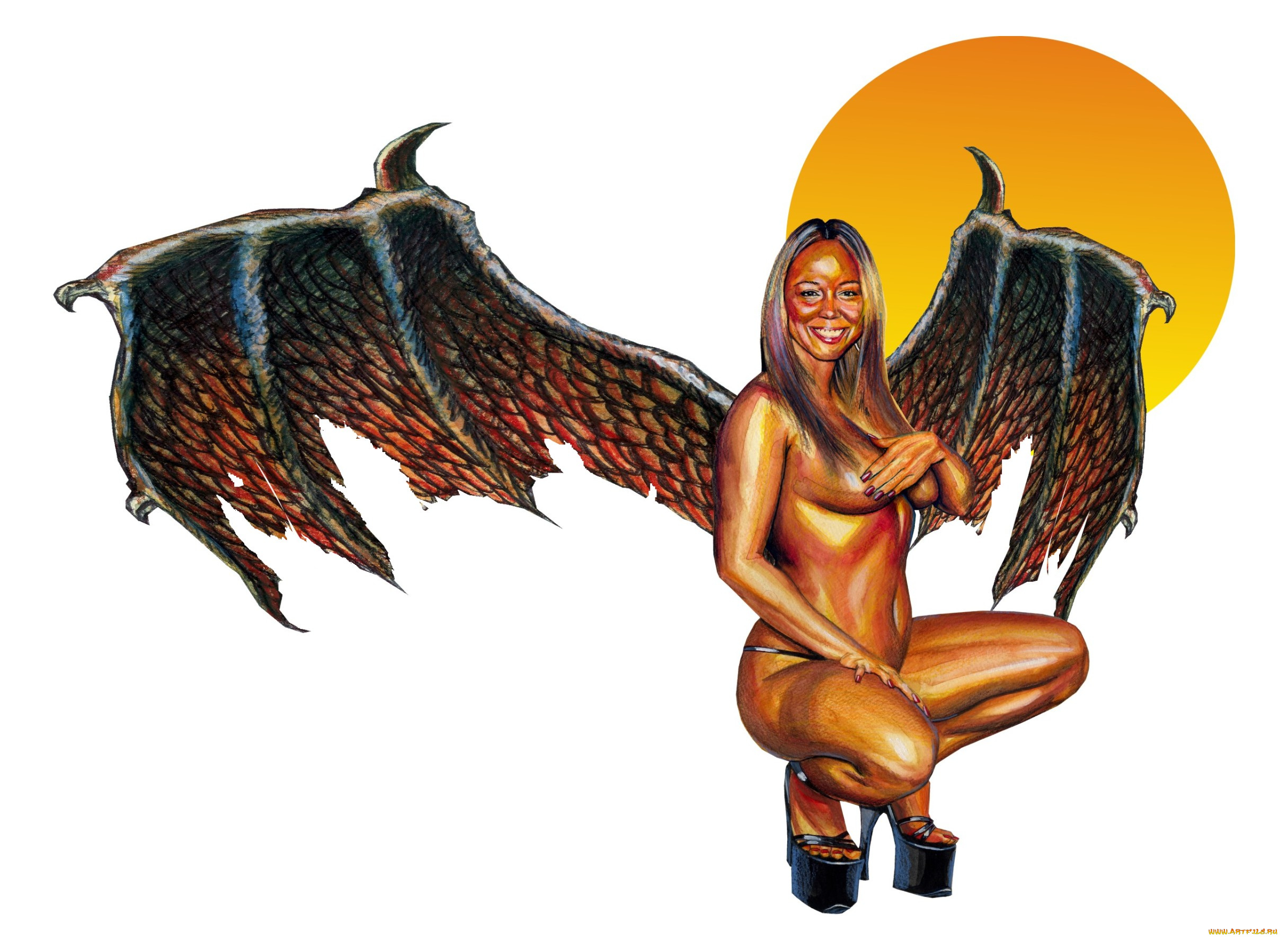 рисованное, комиксы, улыбка, взгляд, фон, девушка, крылья