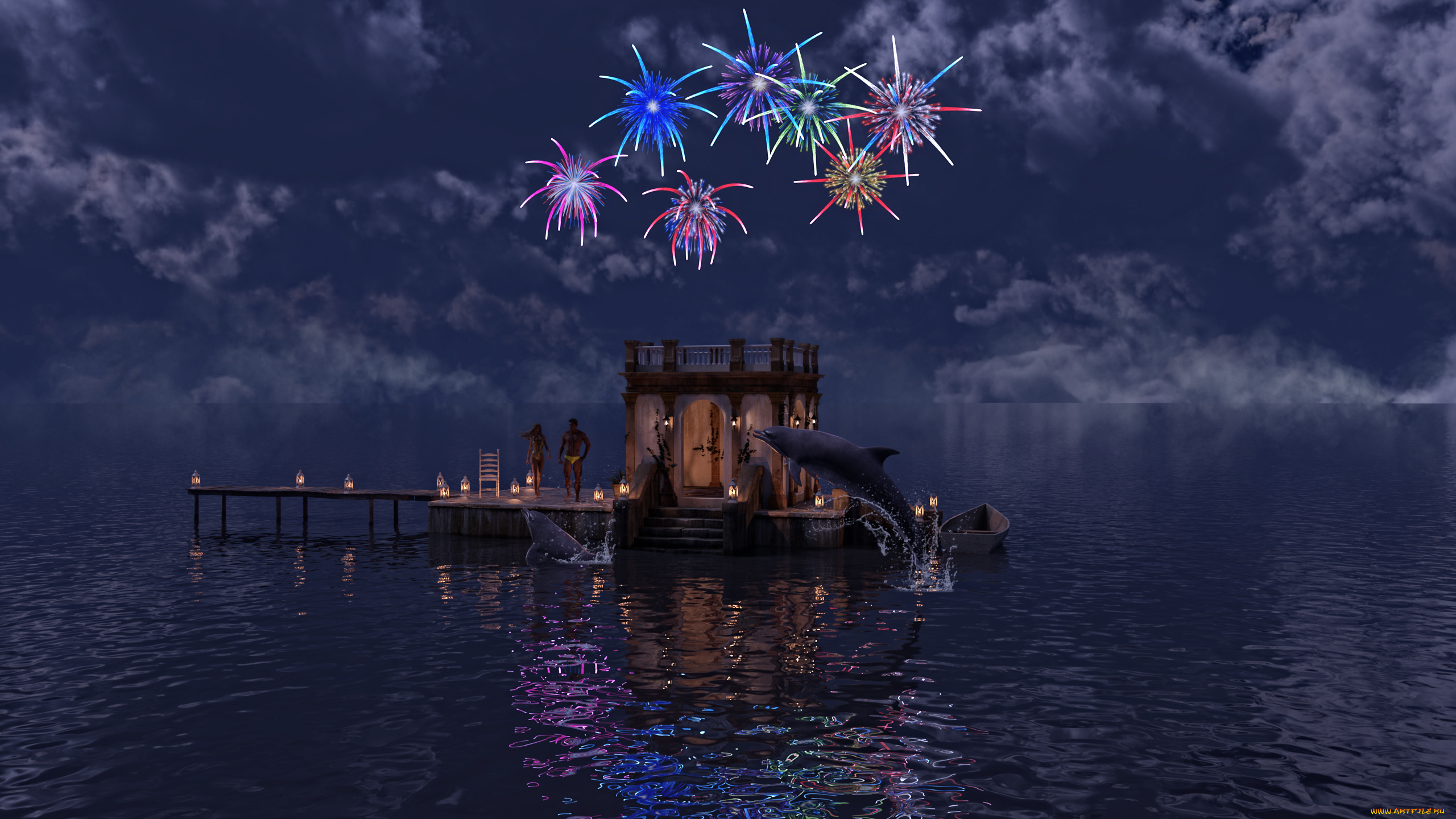 3д, графика, реализм, , realism, люди, вода, домик, дельфин, салют