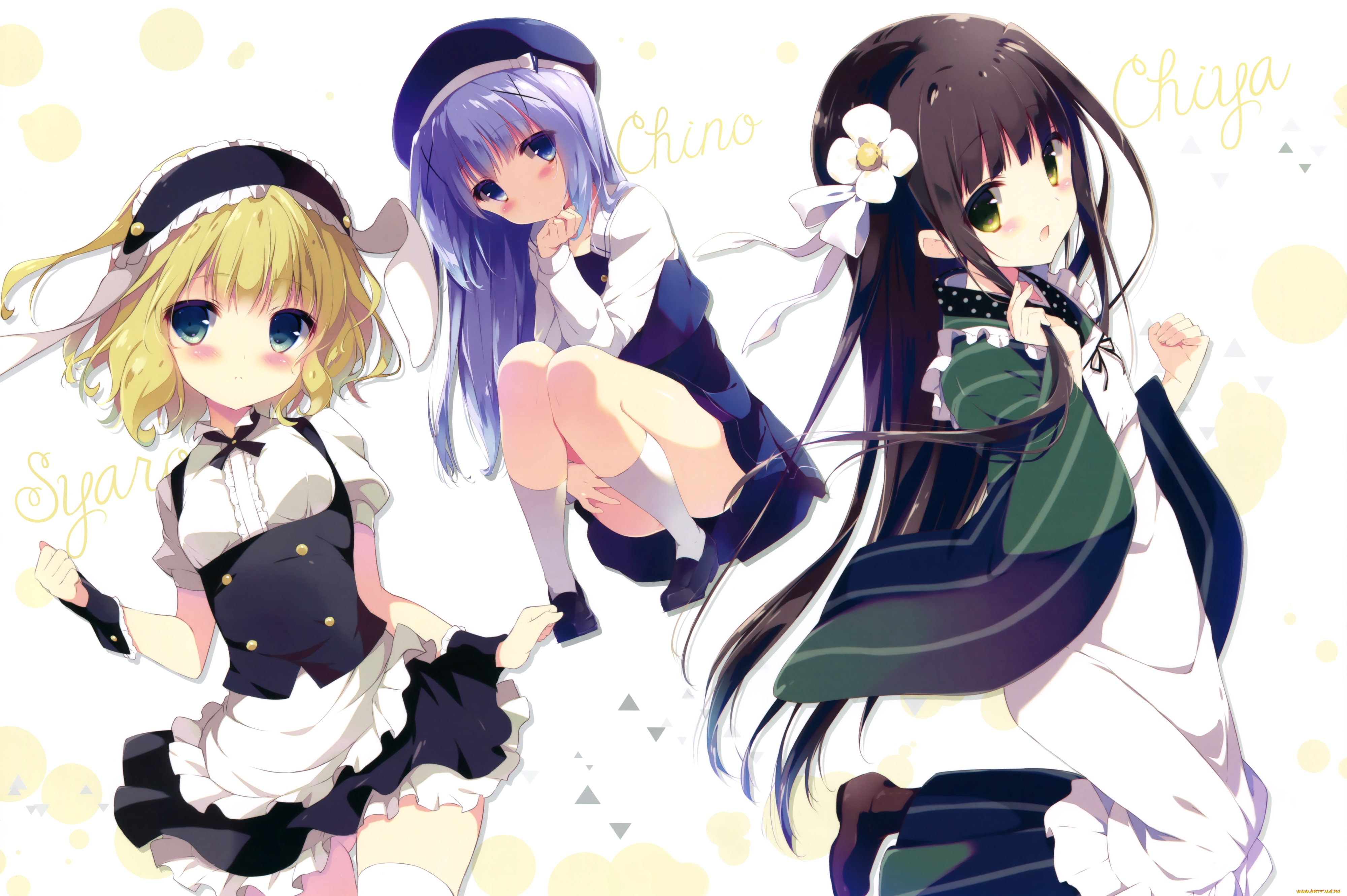 gochuumon, wa, usagi, desu, ka, аниме, фон, девушки, взгляд