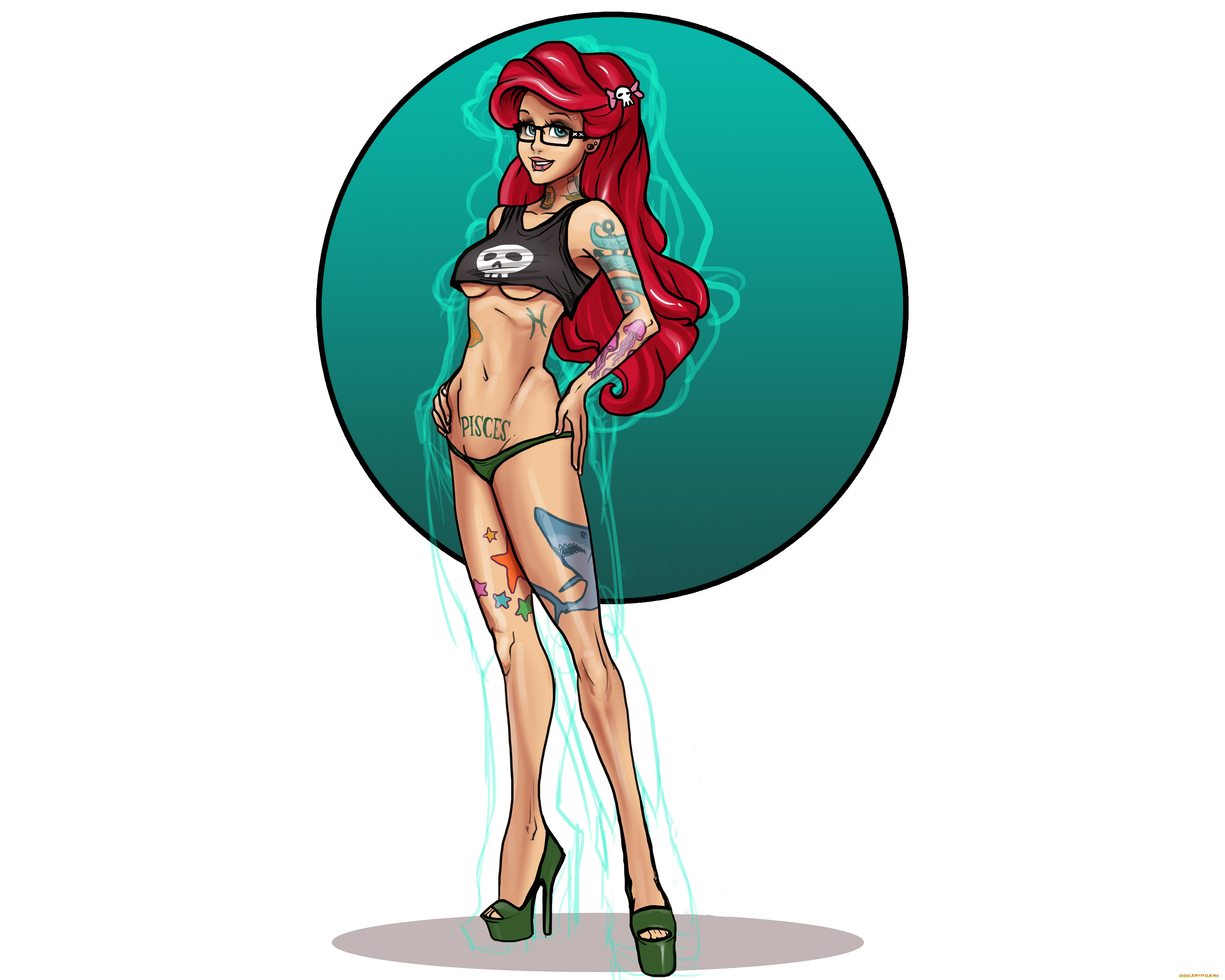 рисованное, люди, девушка, фон, взгляд, очки, тату