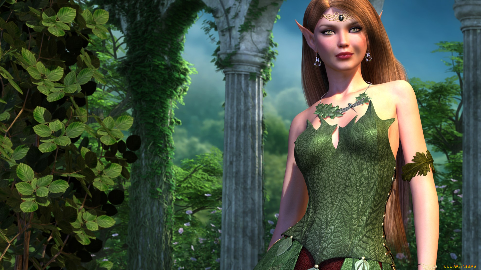 3д, графика, эльфы, , elves, фон, взгляд, девушка