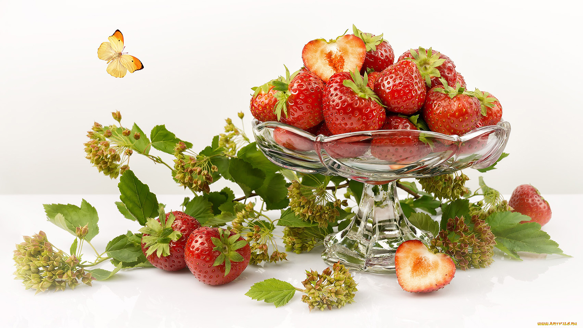 еда, клубника, , земляника, вазочка, ветка, ягоды, бабочка, листья