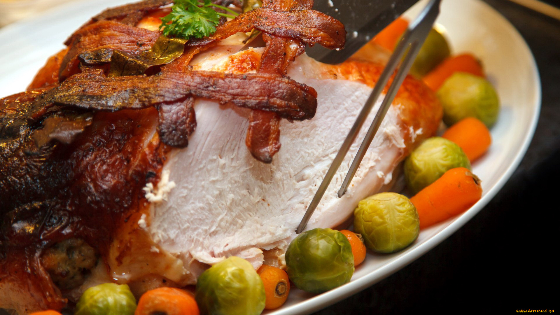 еда, мясные, блюда, брюссельская, капуста, морковь, индейка, бекон