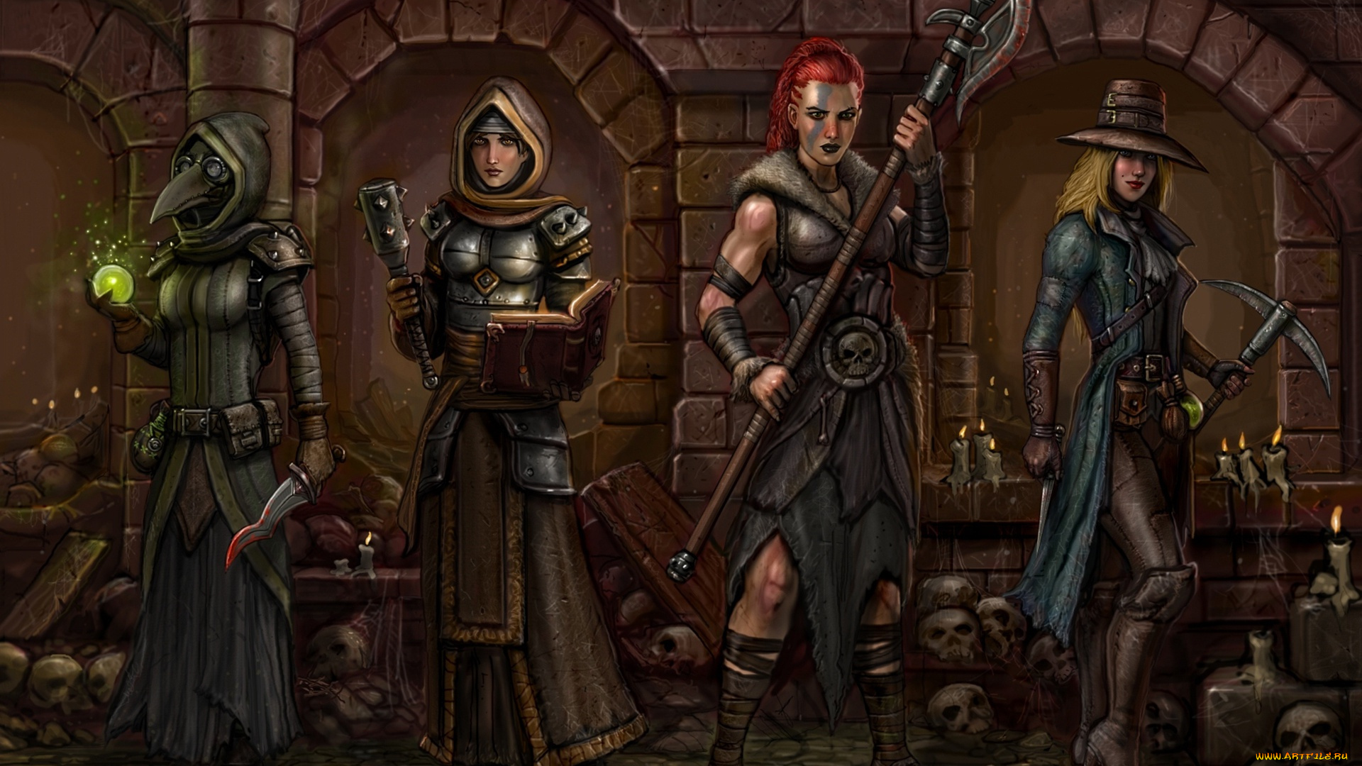 фэнтези, девушки, кинжал, маска, фантастика, the, valkyries, darkest, dungeon, секира, art, кирка