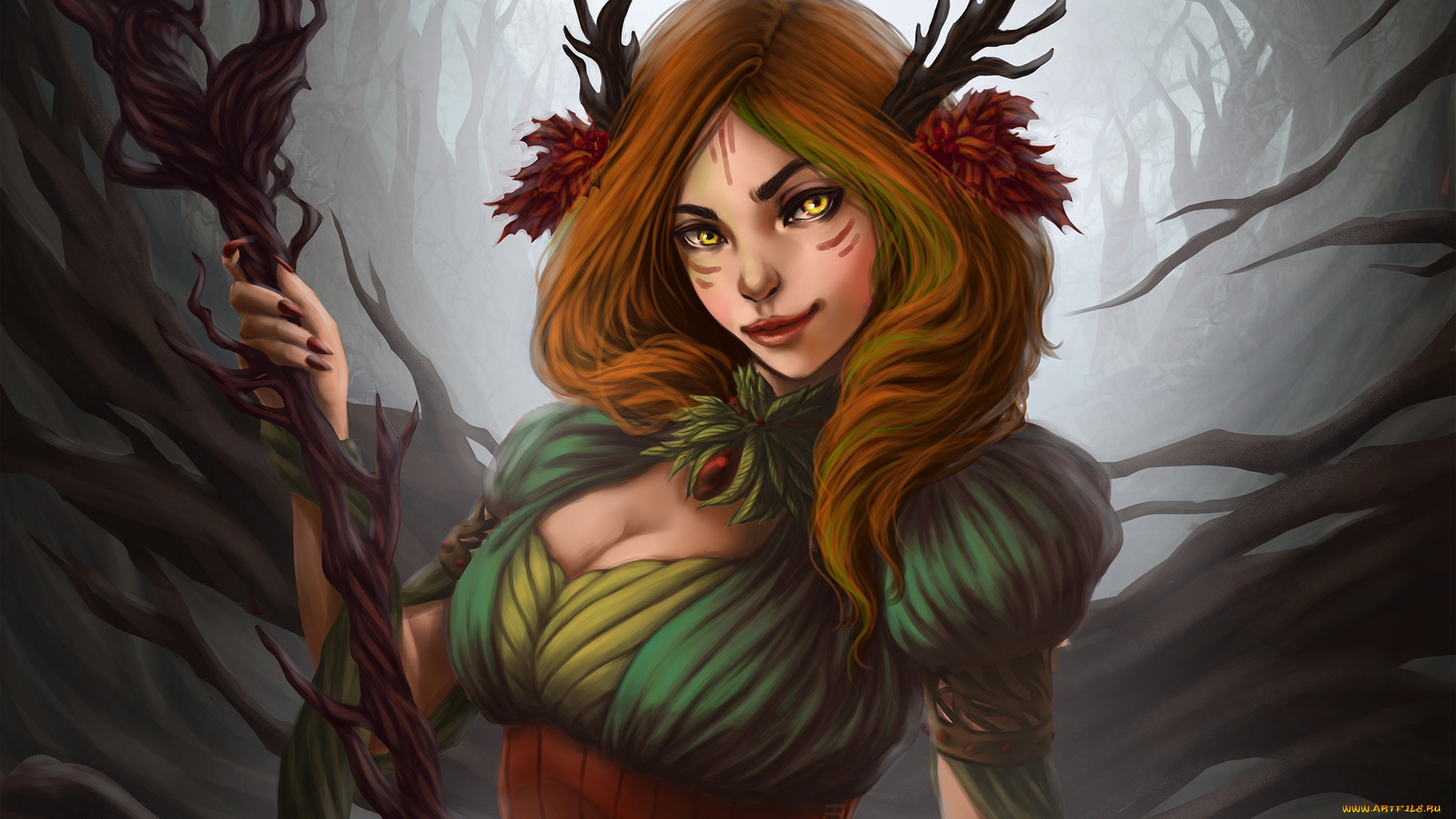 фэнтези, девушки, посох, рога, девушка