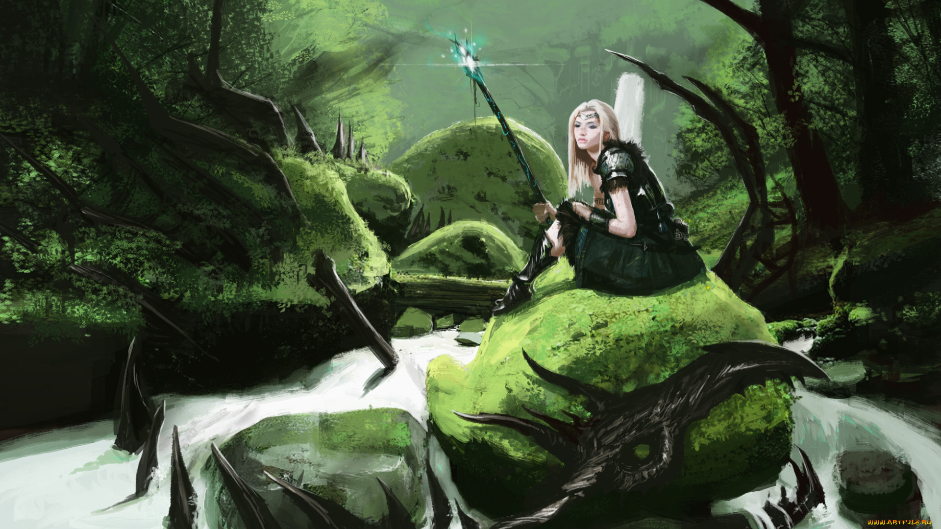 фэнтези, девушки, водопад, посох, скелет, девушка, камни