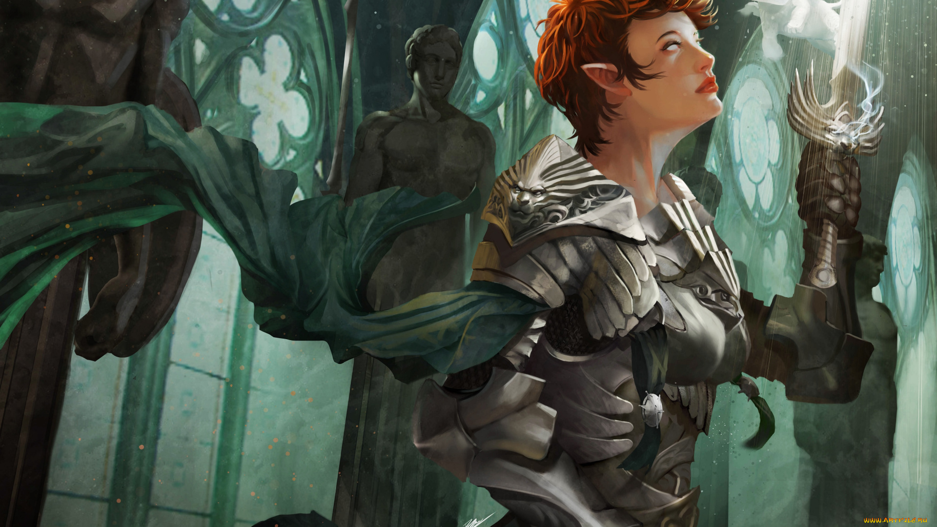 фэнтези, эльфы, арт, храм, статуя, рыжая, доспех, девушка, эльф, дух, меч, воин