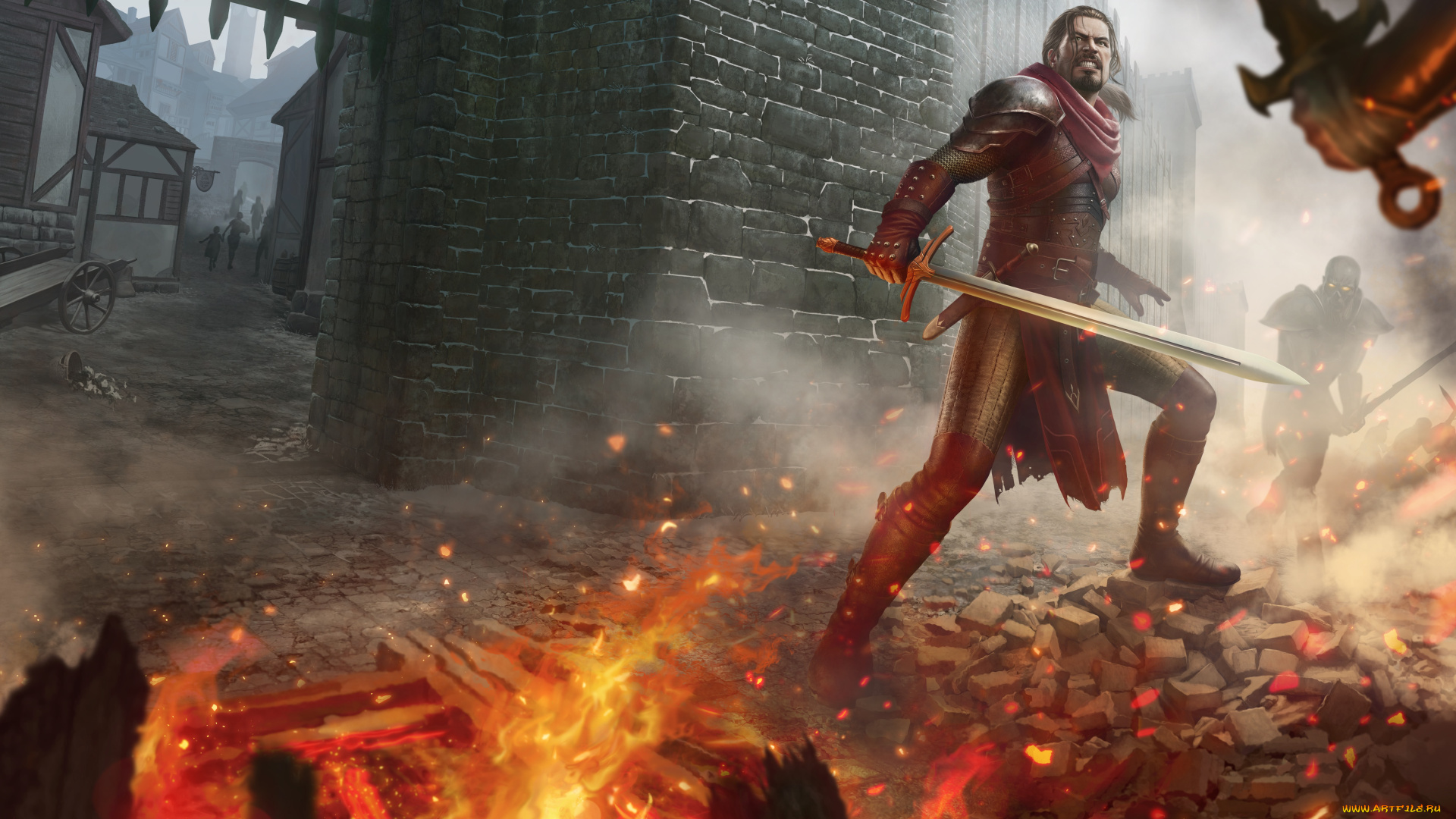 фэнтези, люди, огонь, меч, доспехи, рыцарь, воин