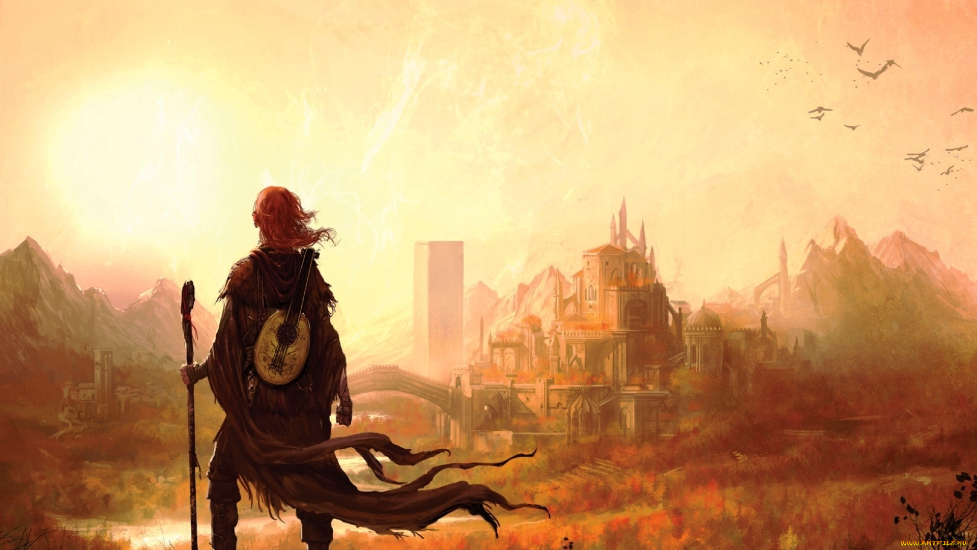 фэнтези, маги, , волшебники, инструмент, посох, менестрель, бард, птицы, город
