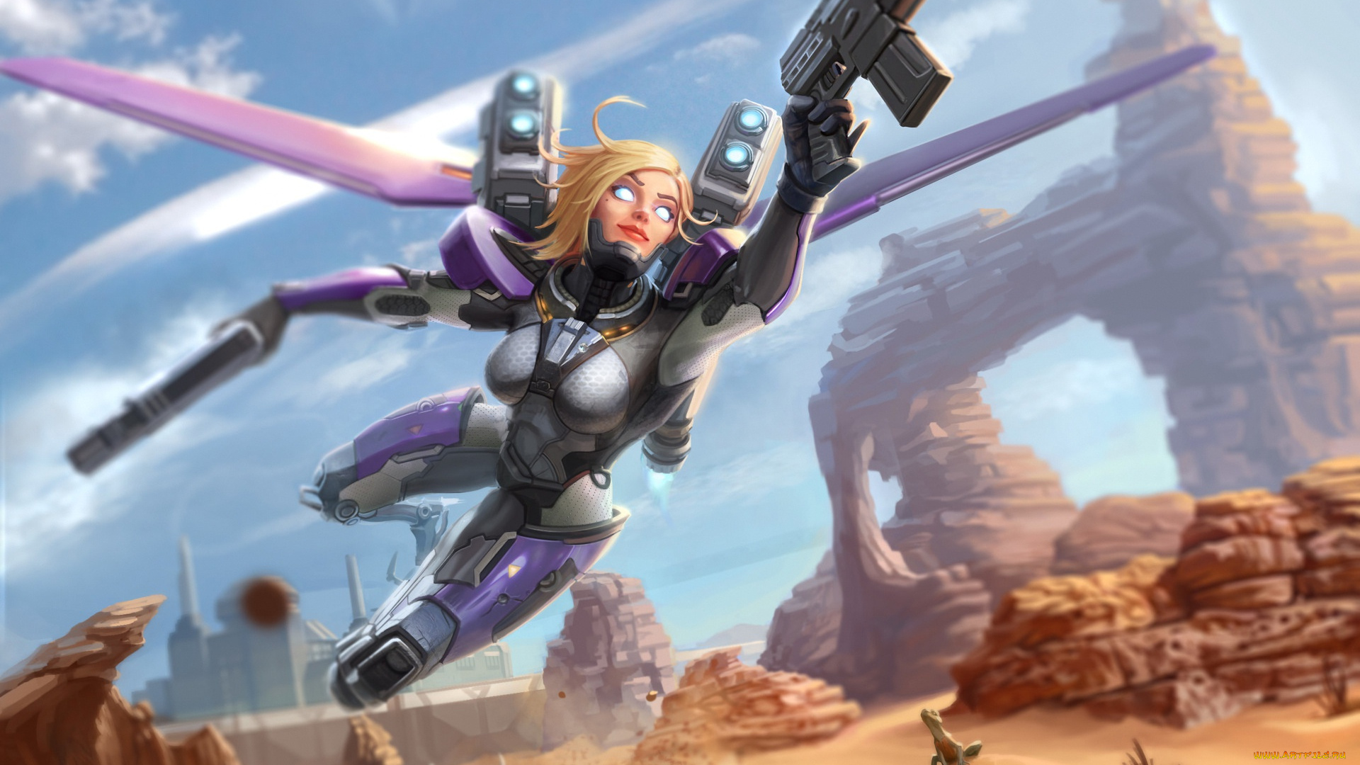 фэнтези, роботы, , киборги, , механизмы, фантастика, оружие, блондинка, костюм, арт, полет, крылья, девушка