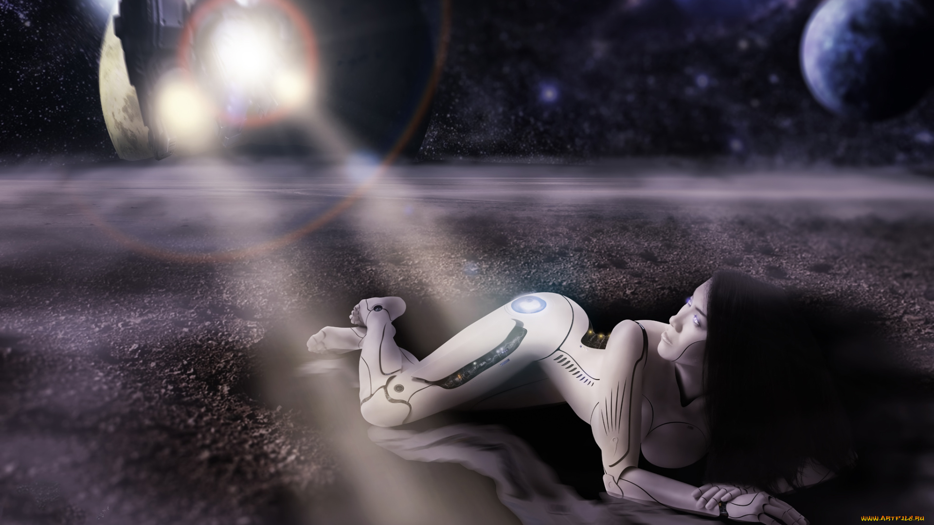 фэнтези, роботы, , киборги, , механизмы, фон, девушка, планета, взгляд