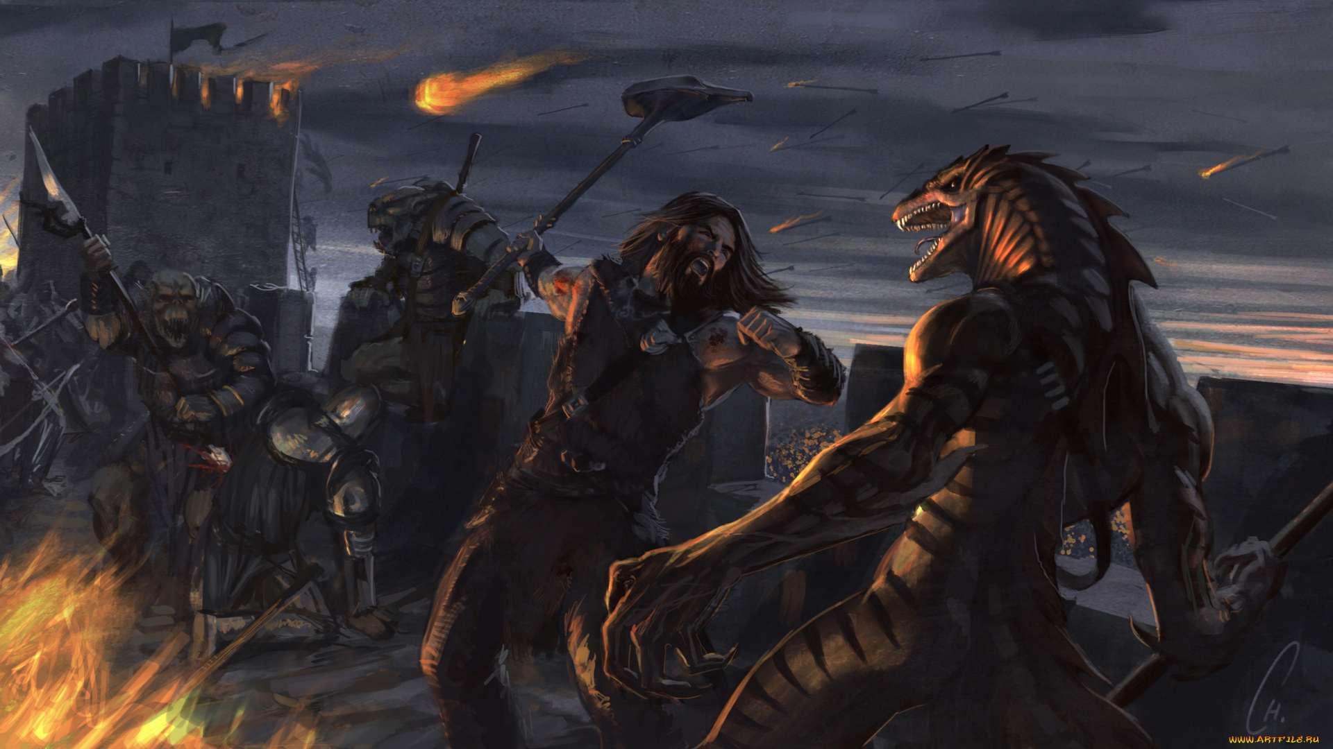 фэнтези, существа, схватка, монстры, воины, мир, иной