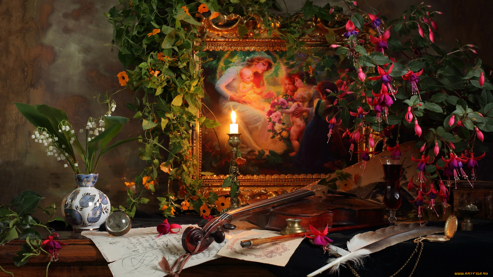 разное, религия, andrey, morozov, напиток, фуксия, картина, перо, бокал, цветы, ландыши, still, life, скрипка, андрей, морозов, вьюн