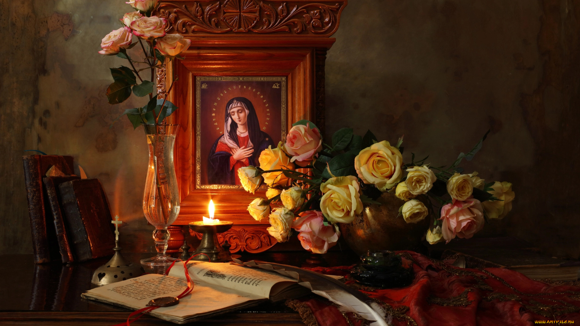 разное, религия, розы, цветы, still, life, андрей, морозов, andrey, morozov, свеча, книги, перо, ваза, икона