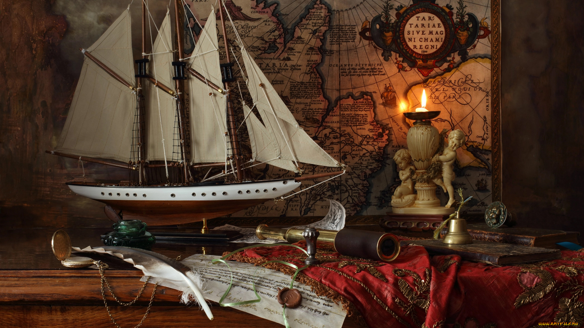 разное, сувениры, труба, сургуч, still, life, андрей, морозов, andrey, morozov, перо, карта, модель, корабль, свеча