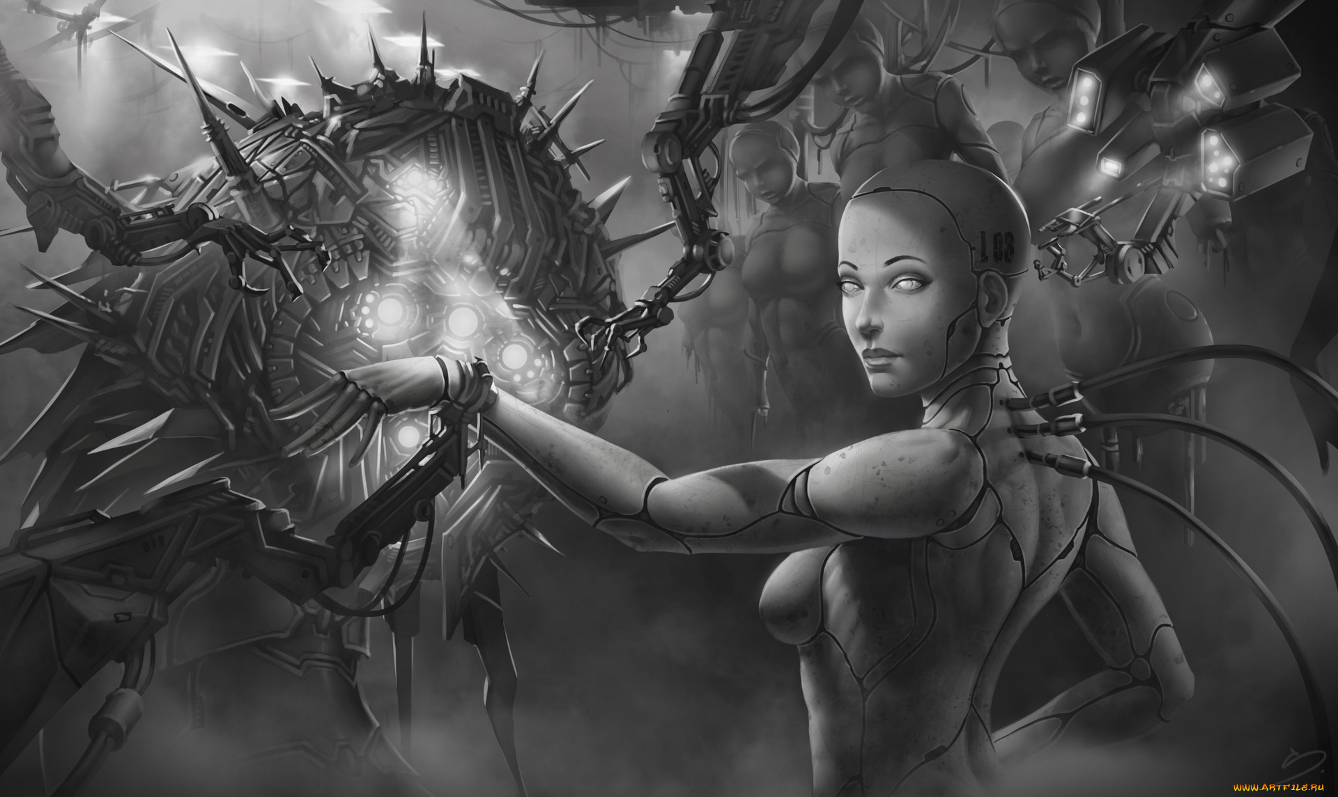 фэнтези, роботы, , киборги, , механизмы, черно-белое, фото, девушка