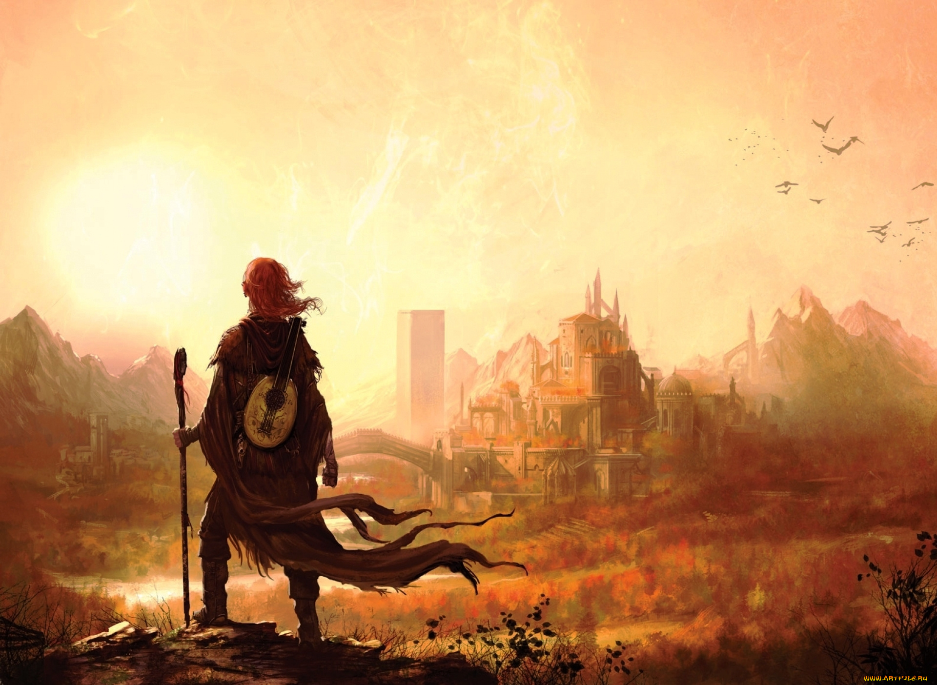 фэнтези, маги, , волшебники, инструмент, посох, менестрель, бард, птицы, город