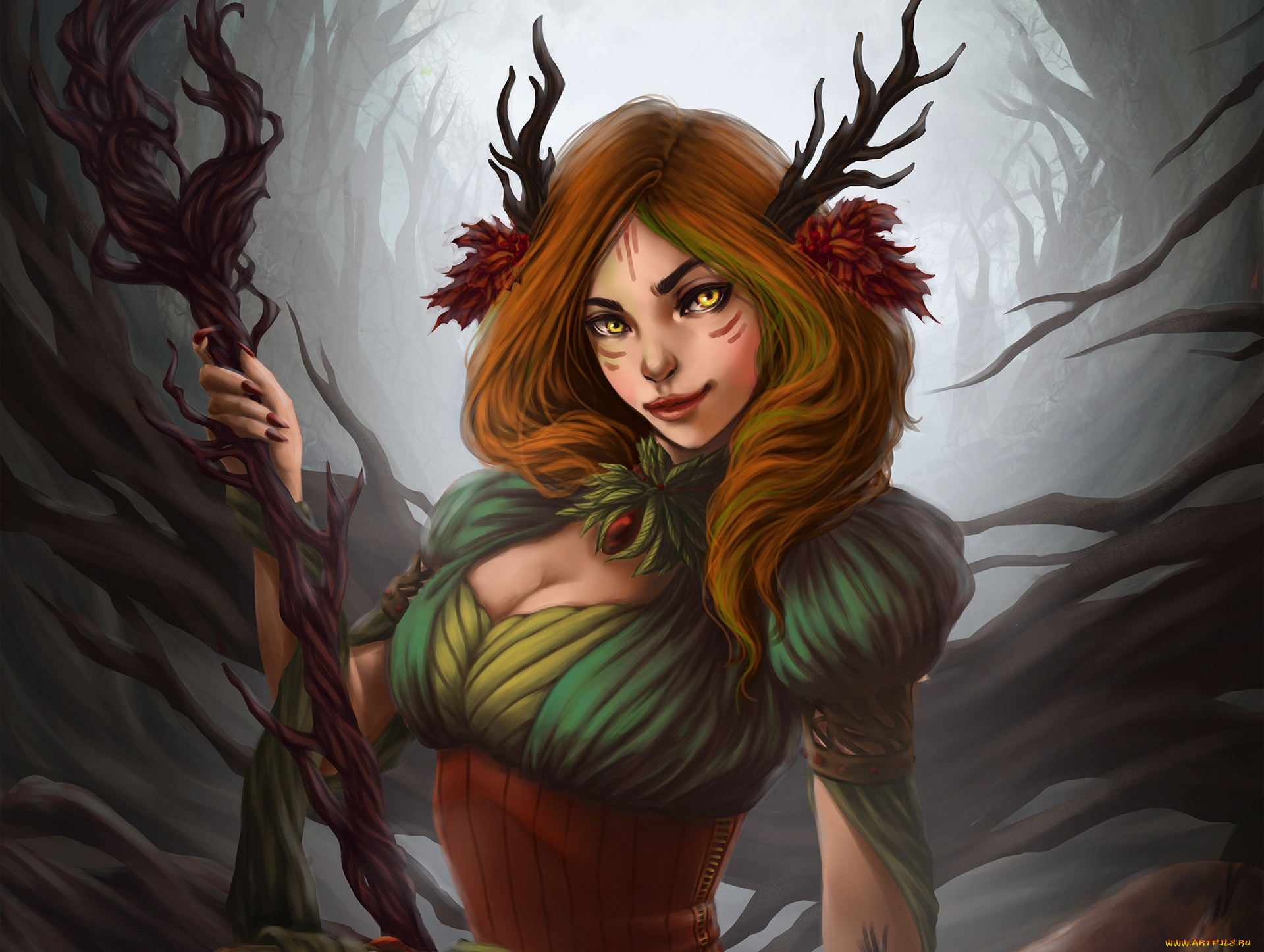 фэнтези, девушки, посох, рога, девушка