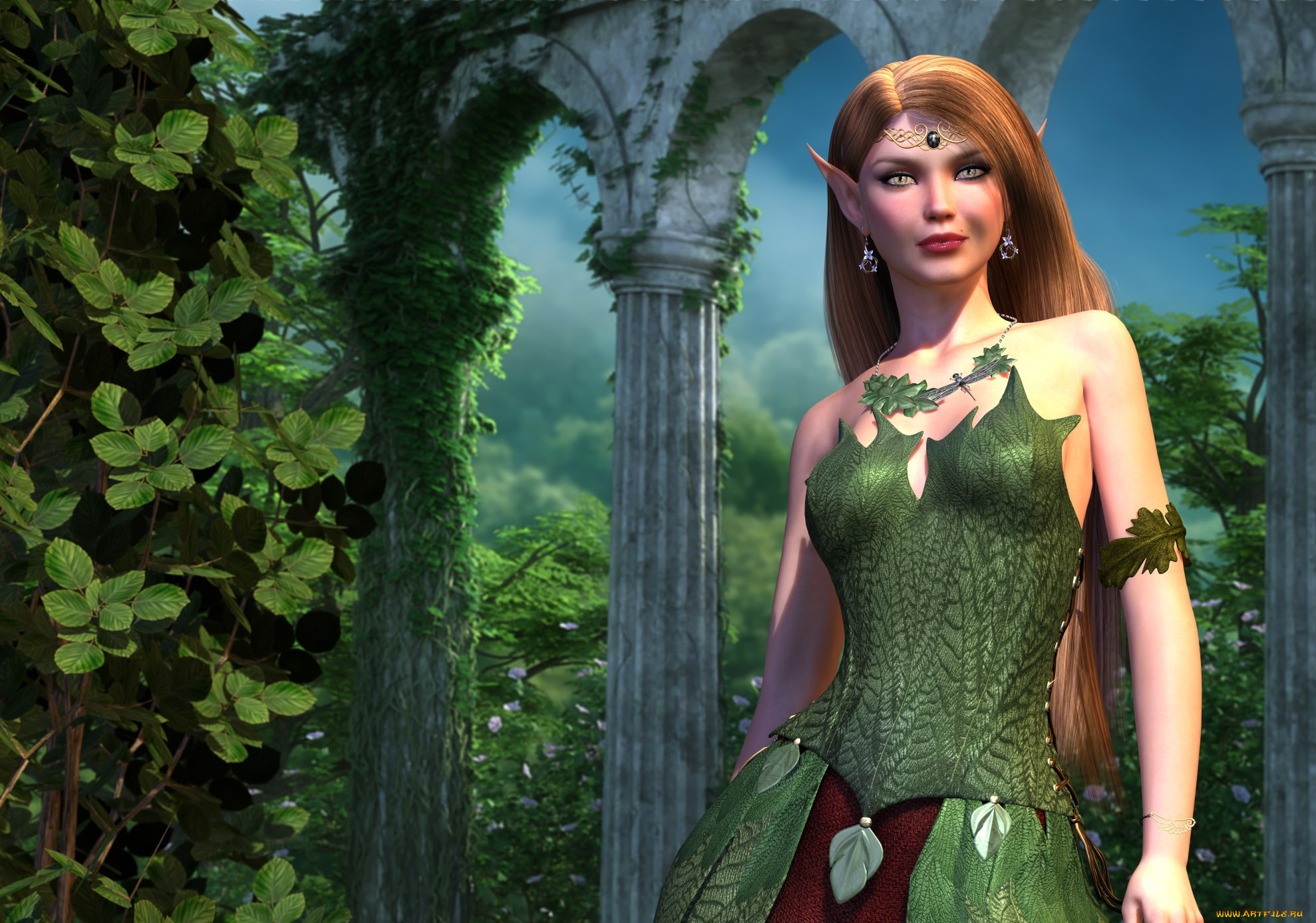 3д, графика, эльфы, , elves, фон, взгляд, девушка