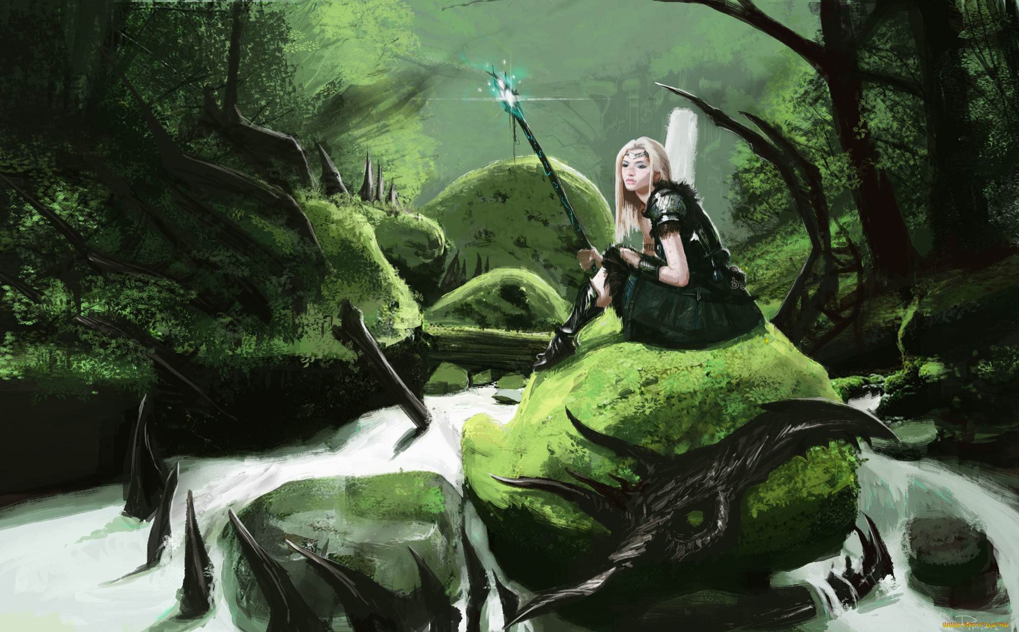 фэнтези, девушки, водопад, посох, скелет, девушка, камни