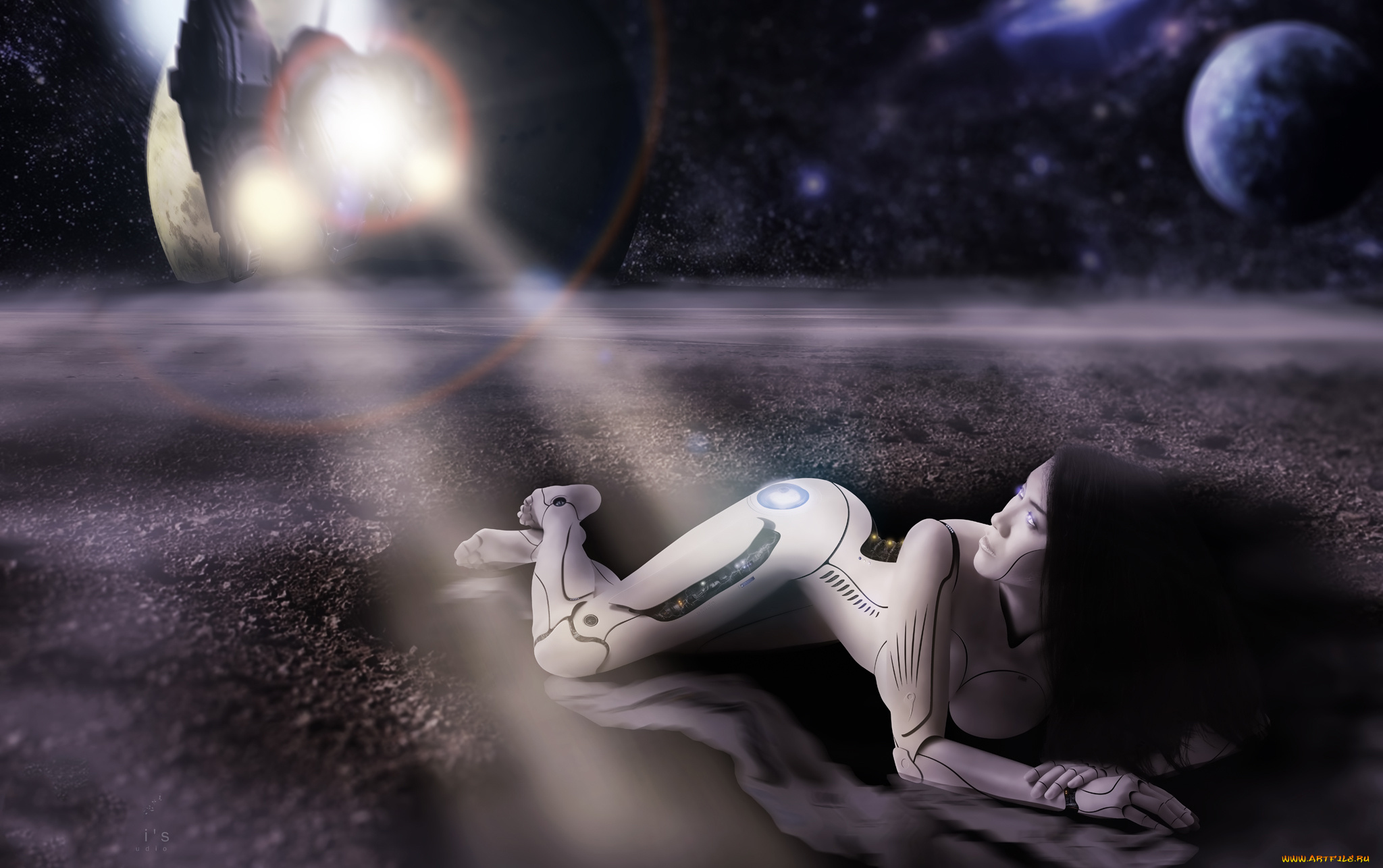 фэнтези, роботы, , киборги, , механизмы, фон, девушка, планета, взгляд