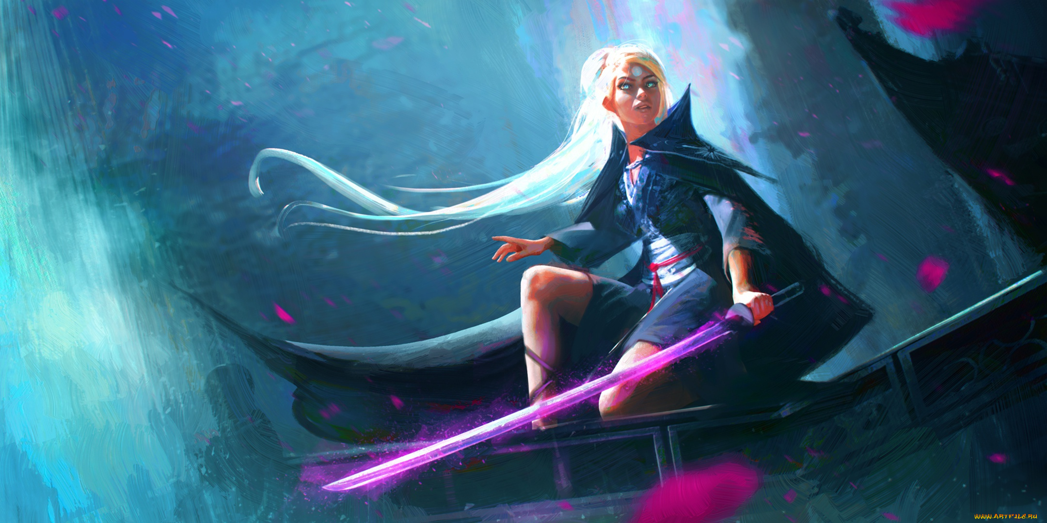 фэнтези, девушки, плащ, блондинка, арт, меч, волосы, девушка, красота, взгляд