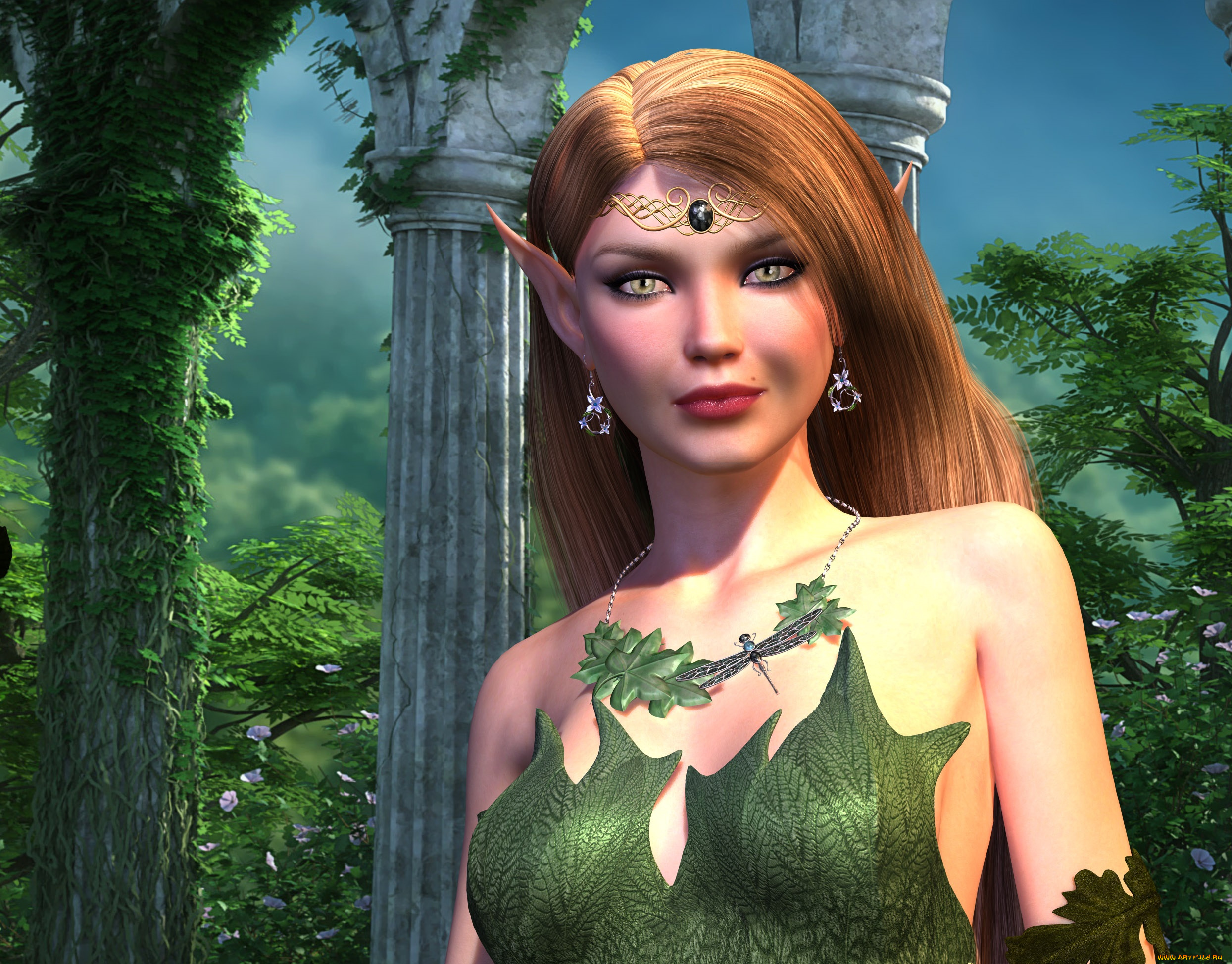 3д, графика, эльфы, , elves, девушка, фон, взгляд