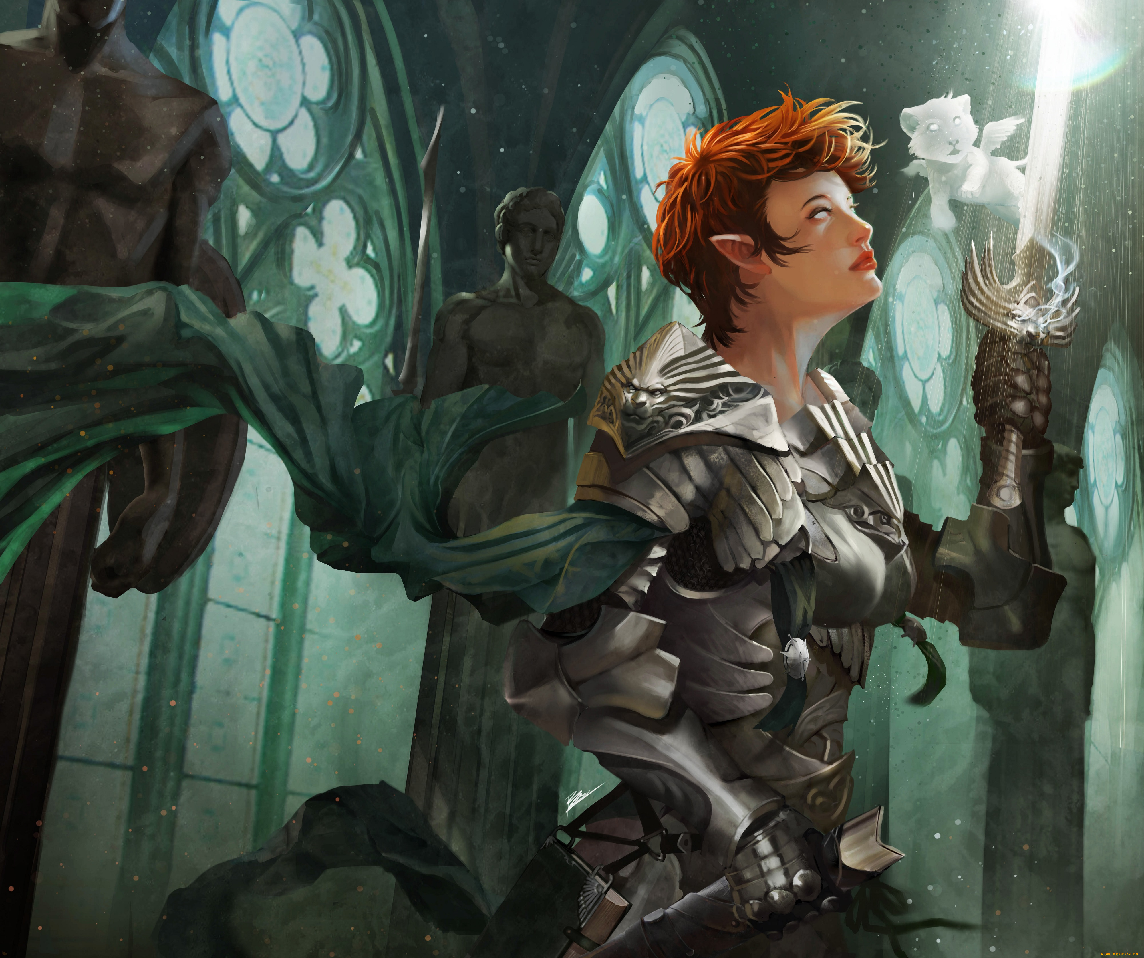 фэнтези, эльфы, арт, храм, статуя, рыжая, доспех, девушка, эльф, дух, меч, воин