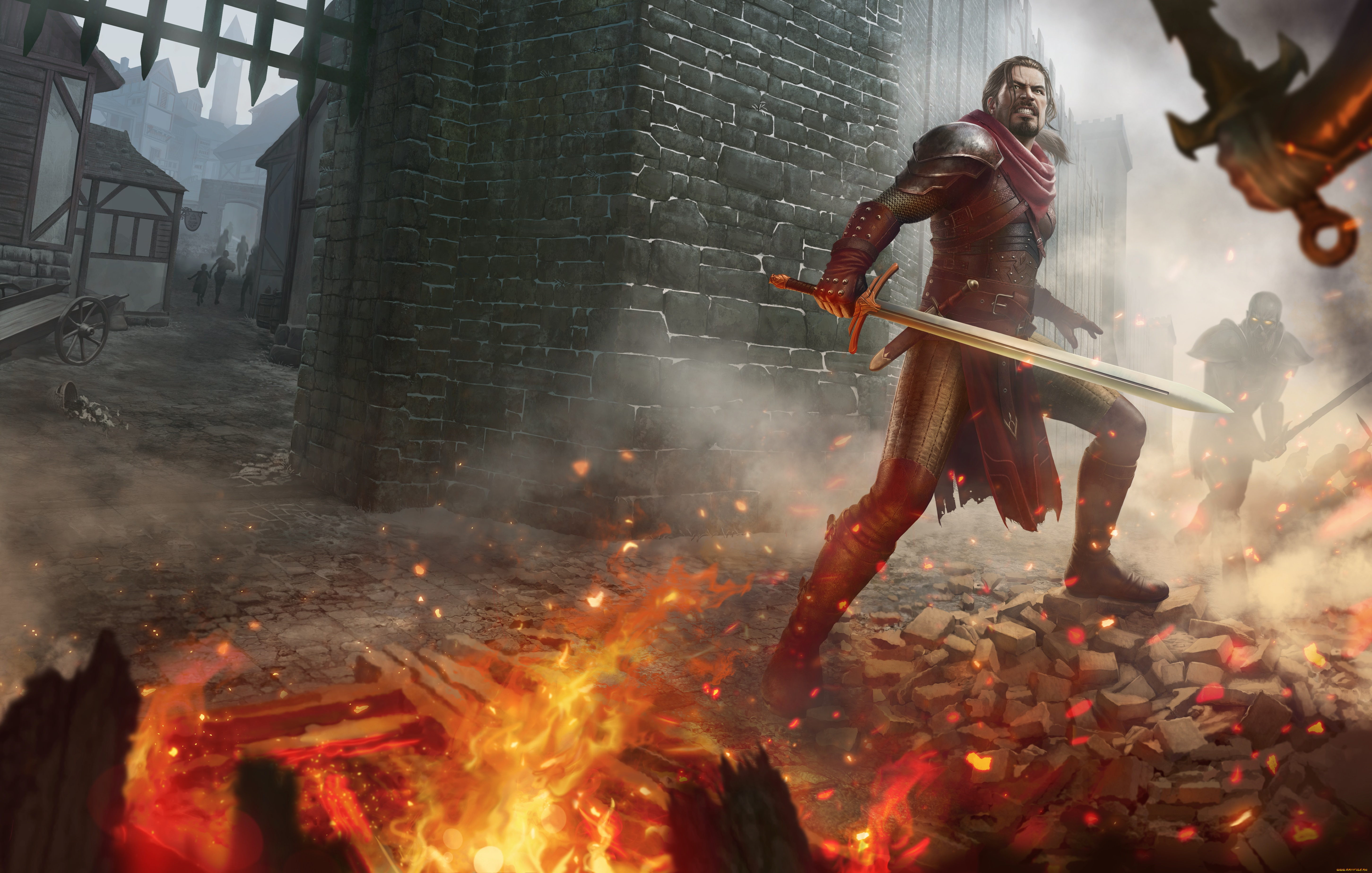 фэнтези, люди, огонь, меч, доспехи, рыцарь, воин