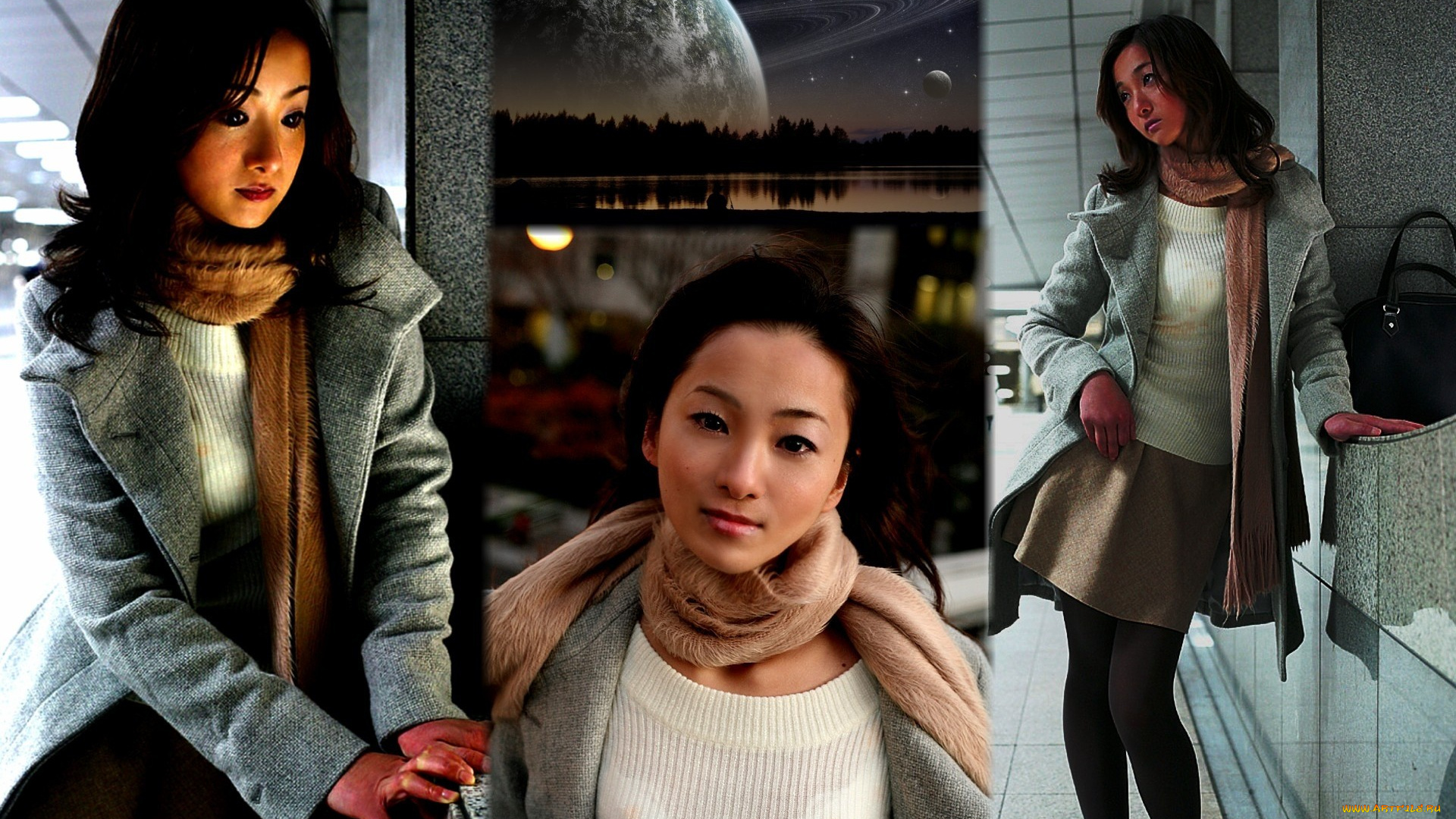 девушки, -unsort, , азиатки, сумка, юбка, пальто, свитер, шарф