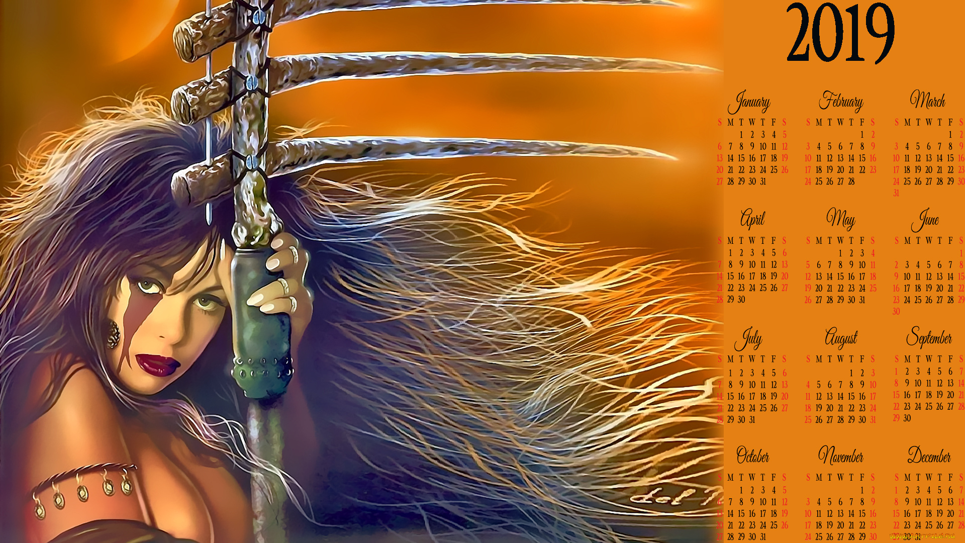 календари, фэнтези, 2019, calendar, девушка, взгляд, женщина