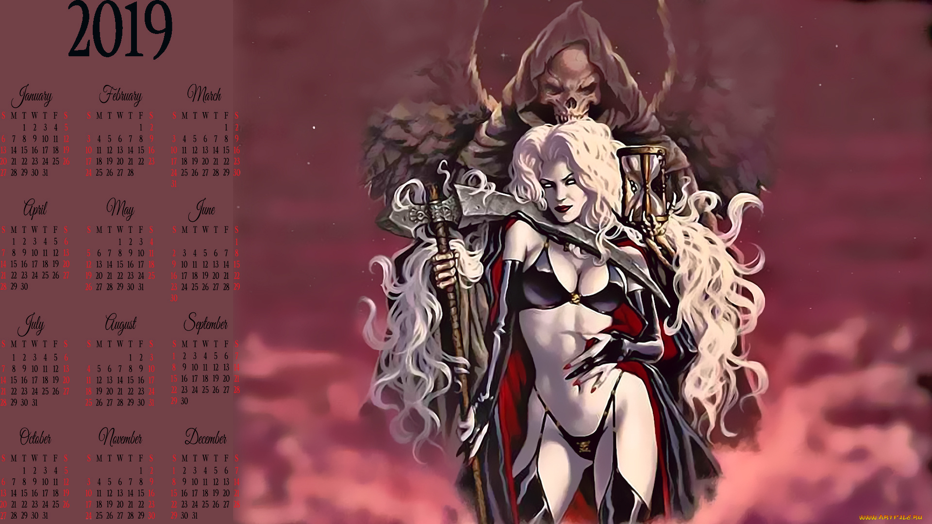 календари, фэнтези, девушка, скелет, calendar, 2019, блондинка, коса, женщина