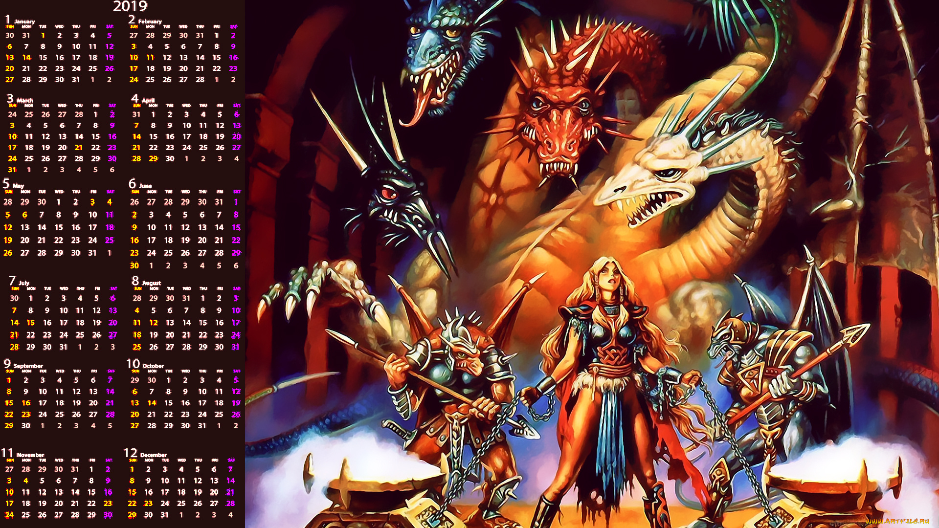 календари, фэнтези, девушка, существо, calendar, 2019, дракон