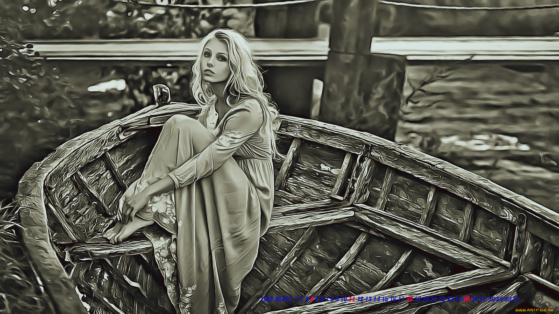 календари, компьютерный, дизайн, calendar, 2019, девушка, взгляд, женщина, сидит, лодка