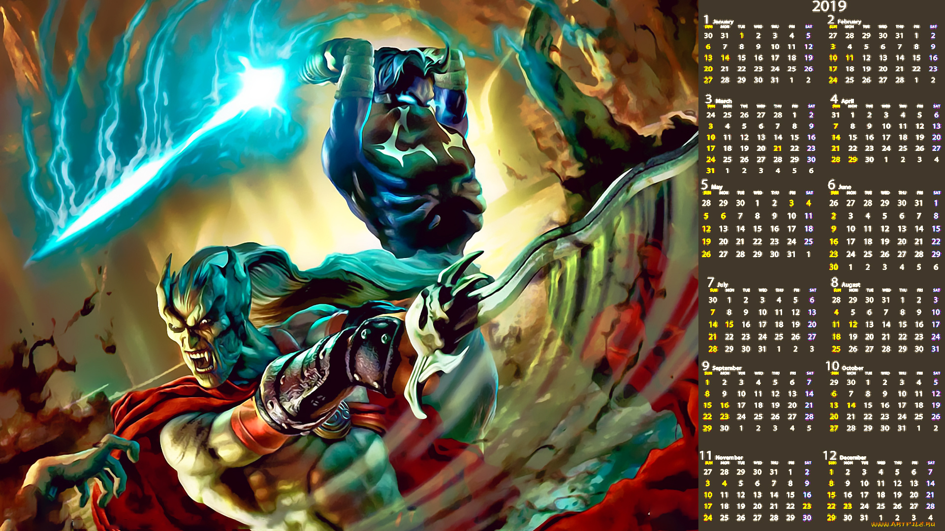 календари, видеоигры, оружие, битва, поединок, calendar, 2019, существо