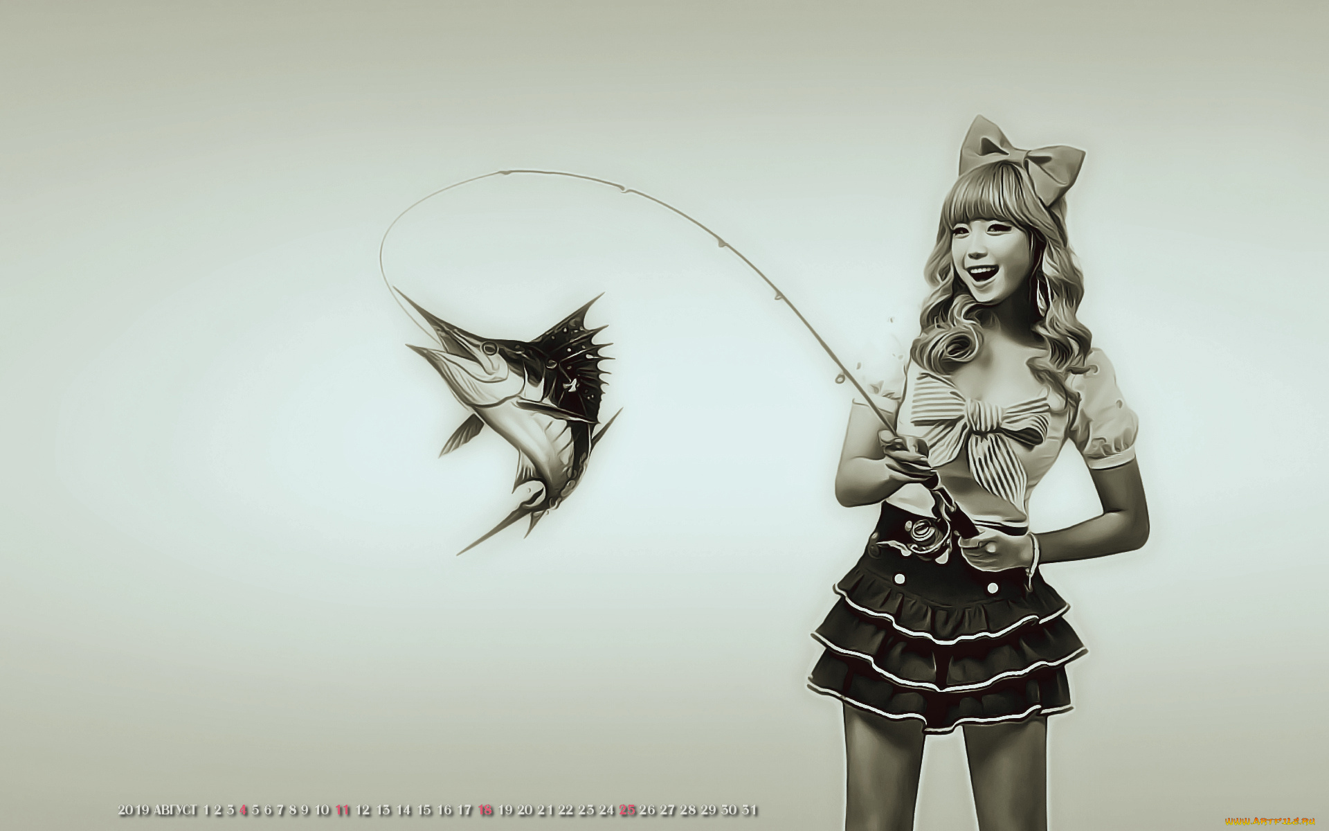 календари, компьютерный, дизайн, рыба, бант, женщина, удочка, 2019, calendar, девушка, азиатка