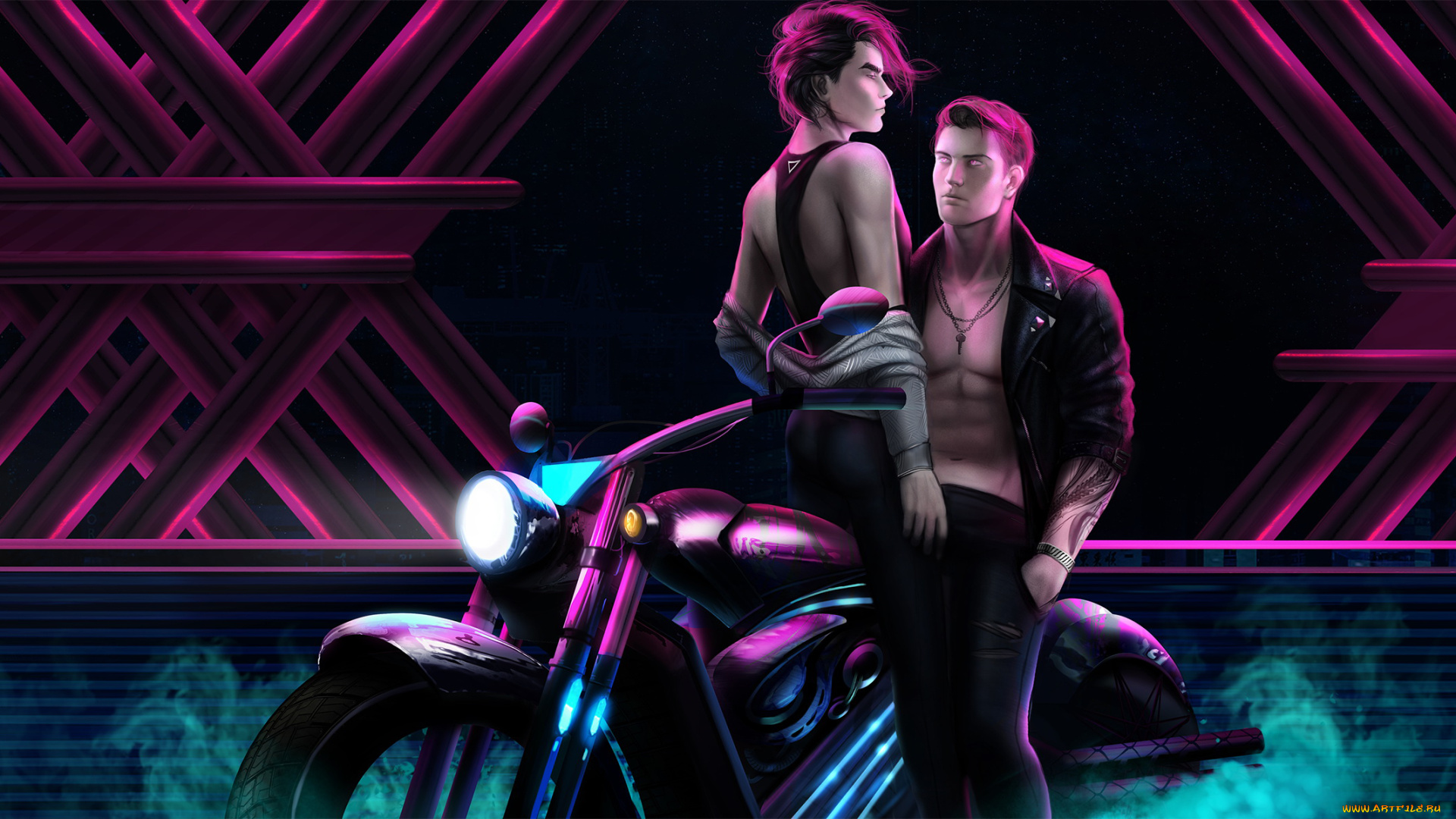 рисованное, люди, девушка, мужчина, фон, мотоцикл