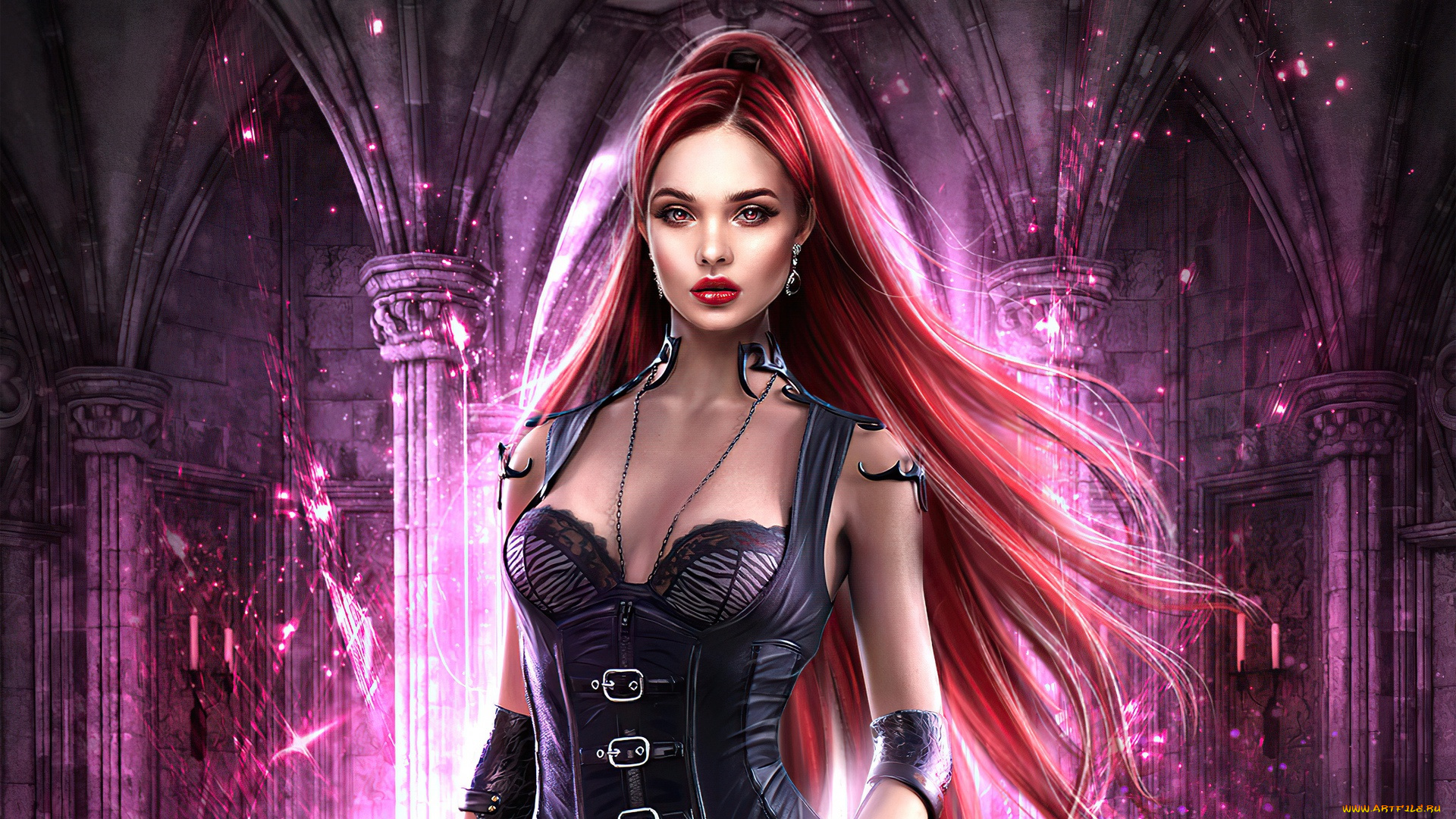 фэнтези, девушки, взгляд, свет, lights, магия, огоньки, колонны, light, magic, длинные, волосы, long, hair, красивая, девушка, очарование, look, beautiful, girl, fantasy, art, columns