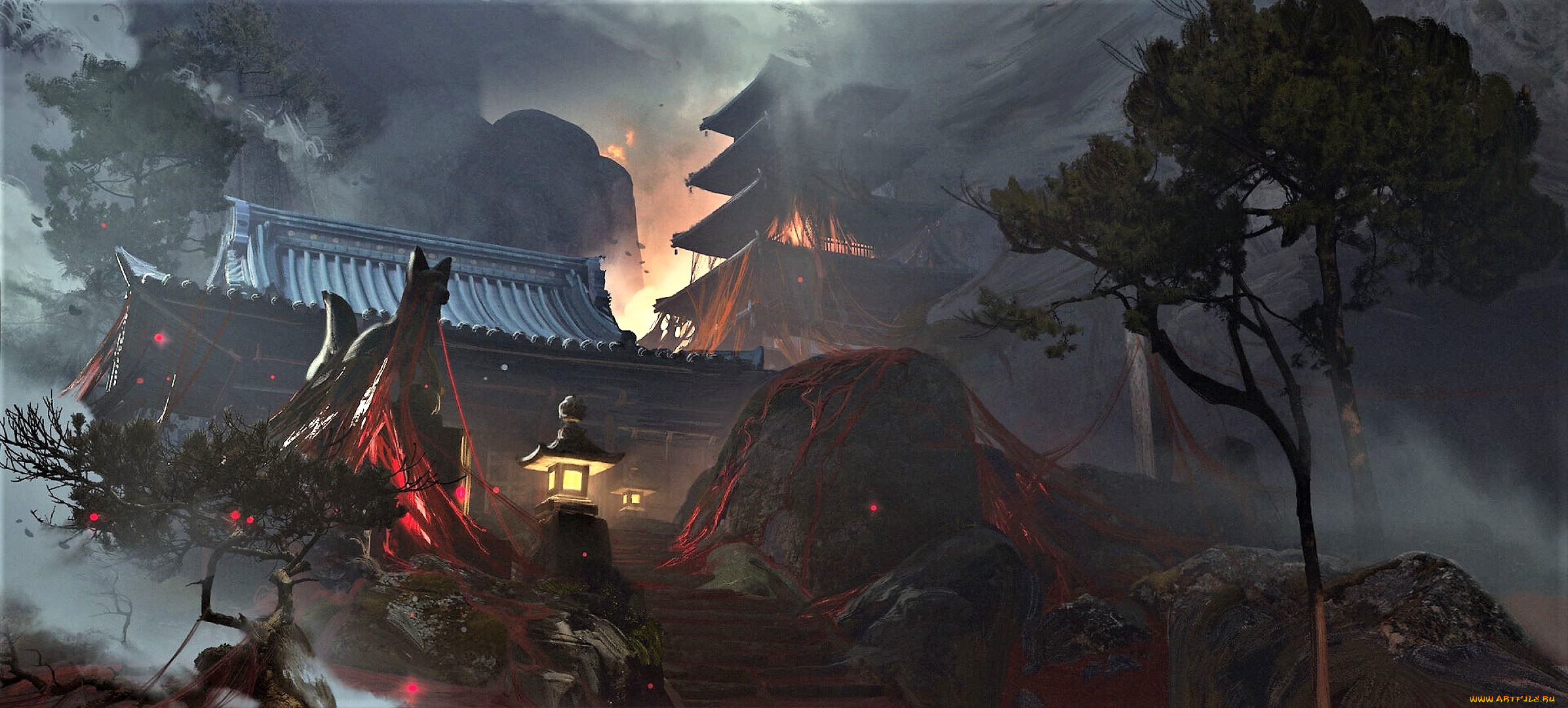 рисованное, города, дома, лестница, пожар, огонь